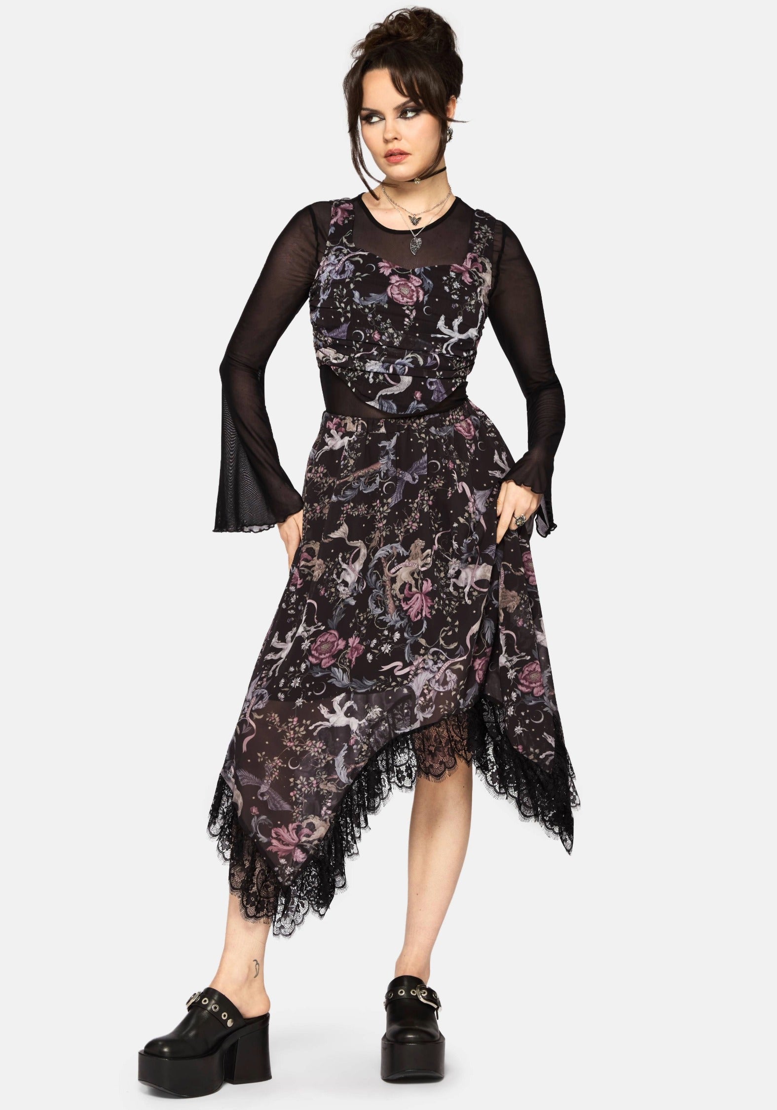 Merunicorn Enchanted Forest Chiffon Print Midi Skirt