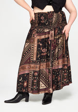 Nola Folk Patchwork Print Shirred Midi Skirt