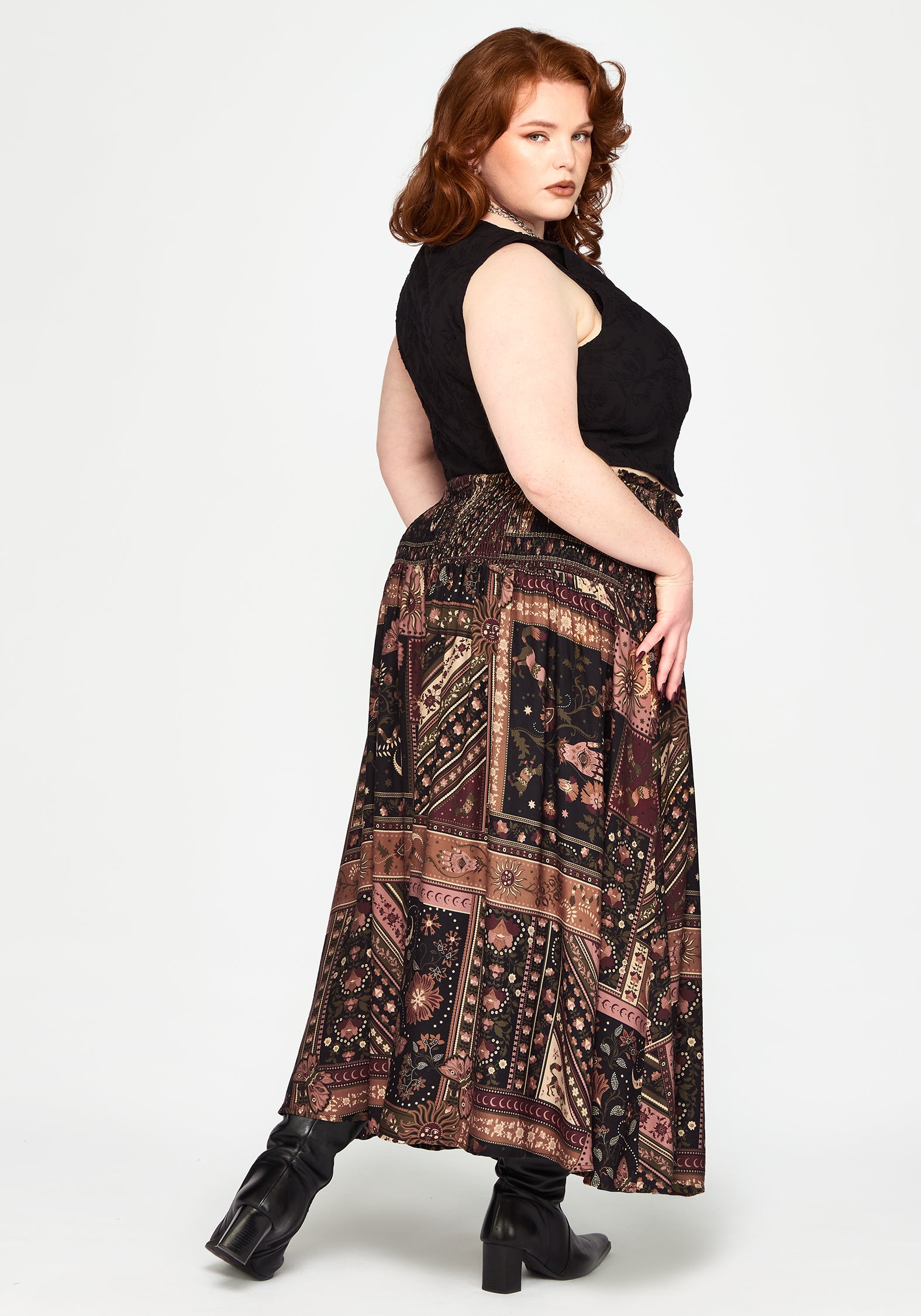 Nola Folk Patchwork Print Shirred Midi Skirt