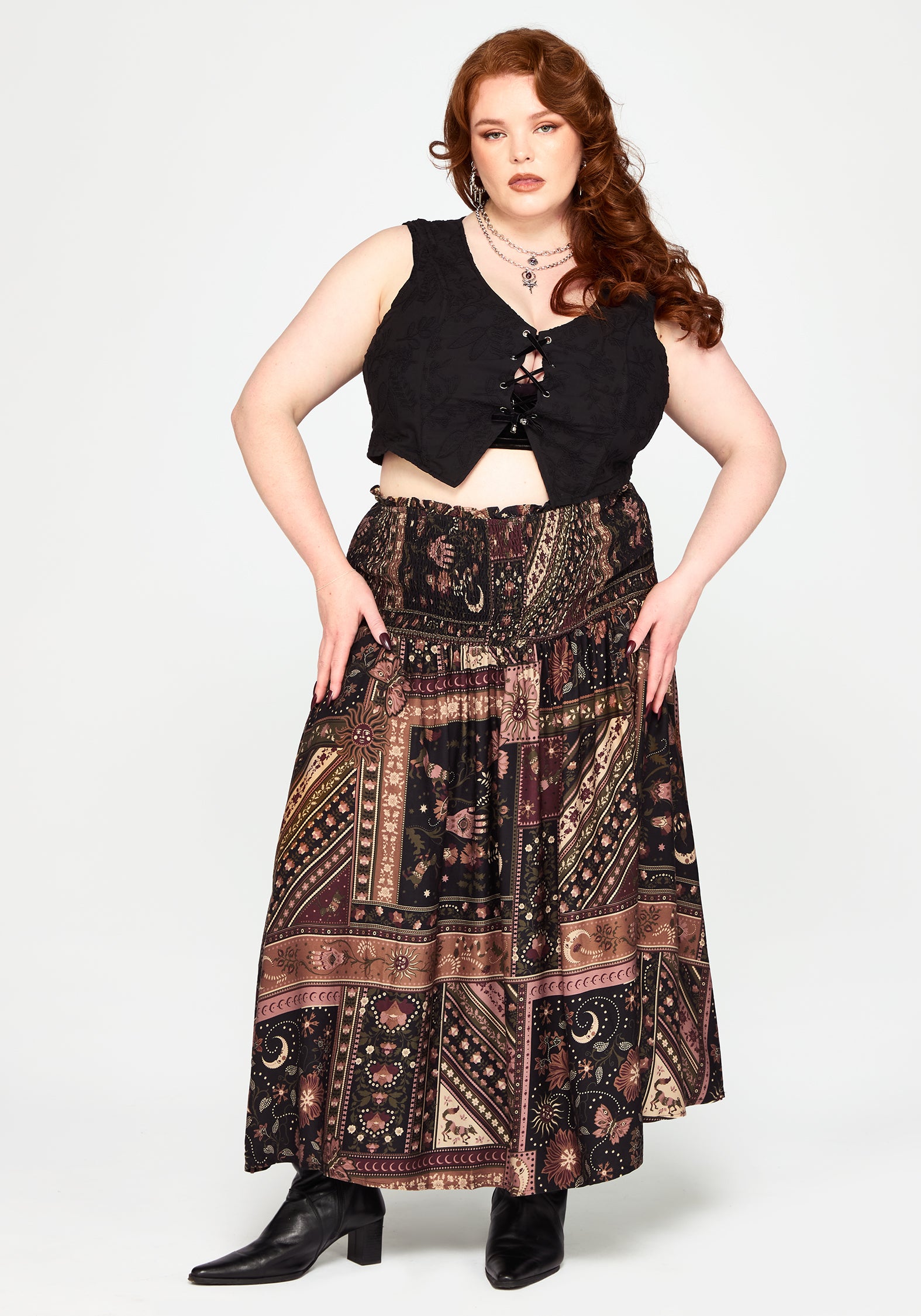 Nola Folk Patchwork Print Shirred Midi Skirt