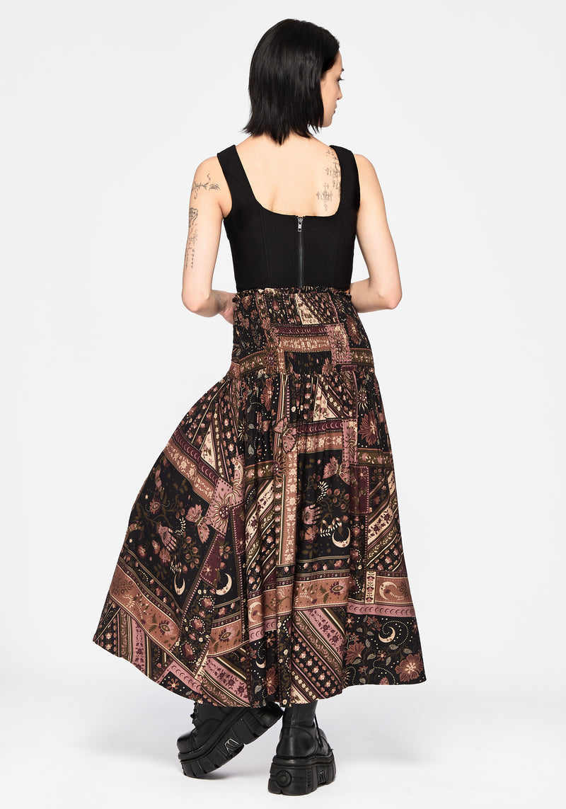 Nola Folk Patchwork Print Shirred Midi Skirt – Disturbia