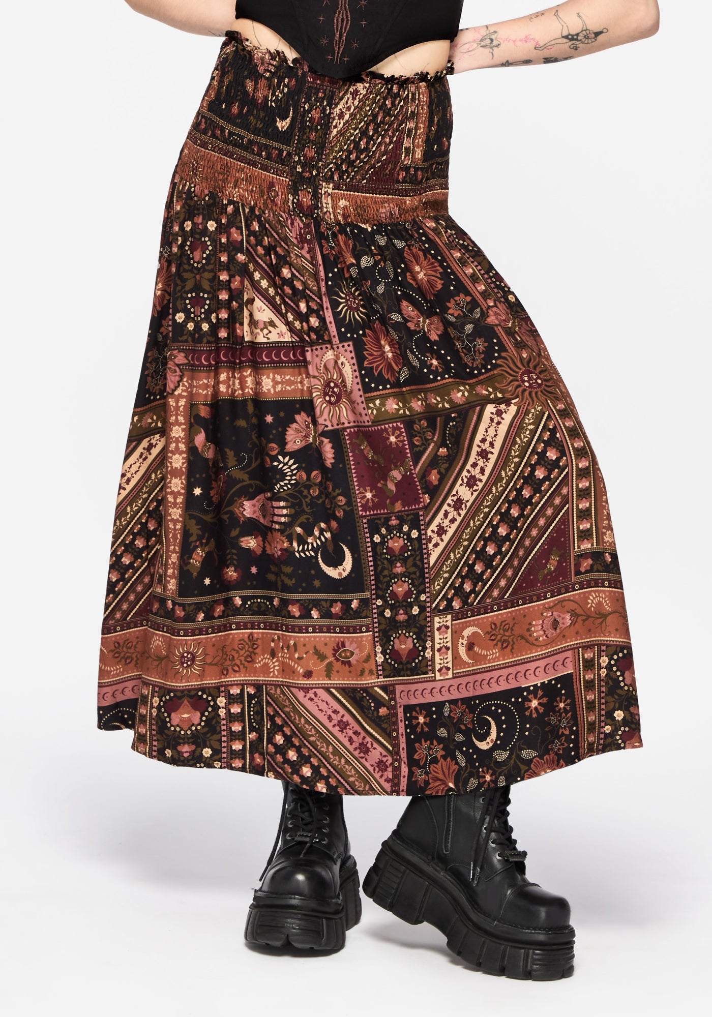 Nola Folk Patchwork Print Shirred Midi Skirt – Disturbia