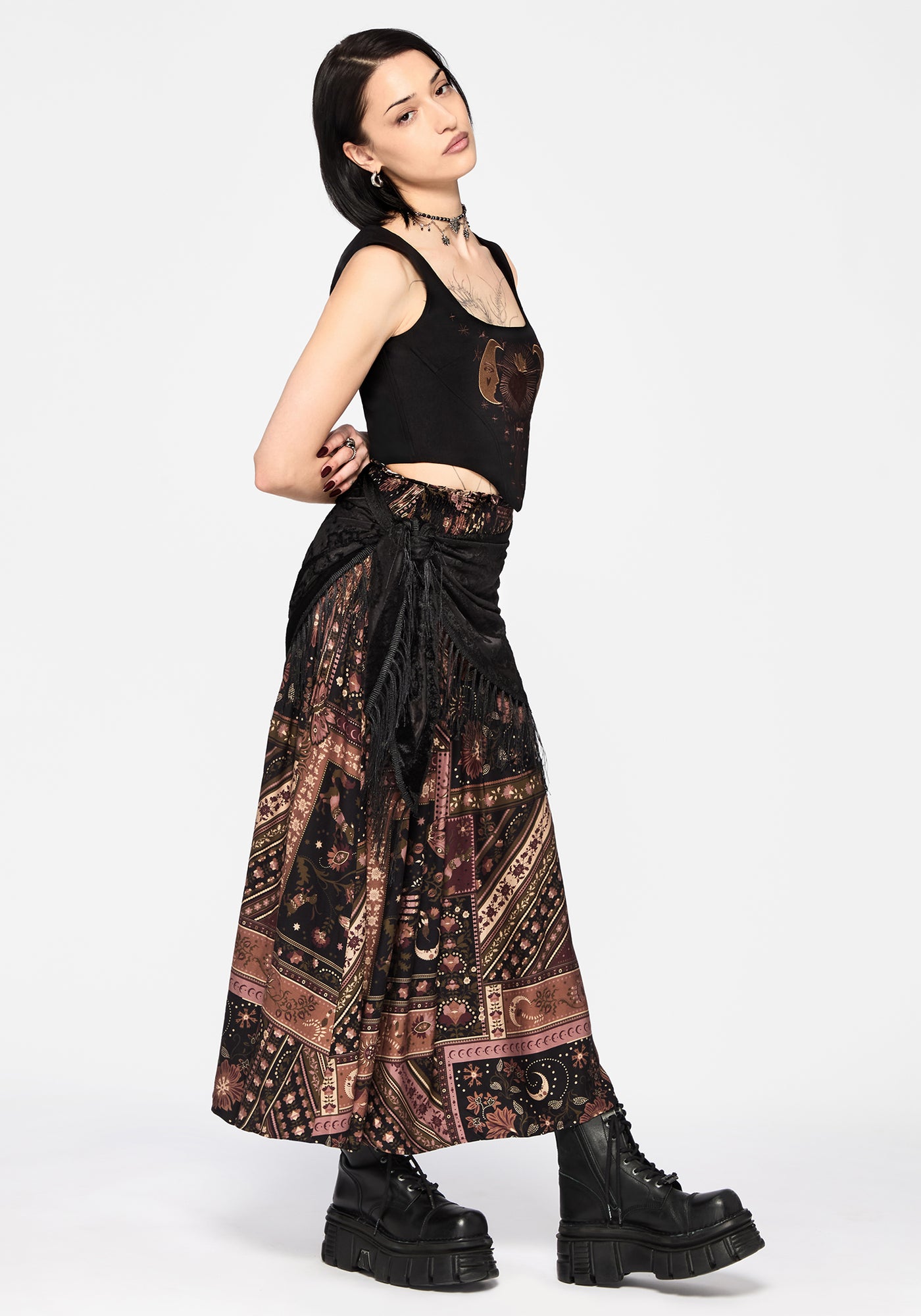 Nola Folk Patchwork Print Shirred Midi Skirt – Disturbia