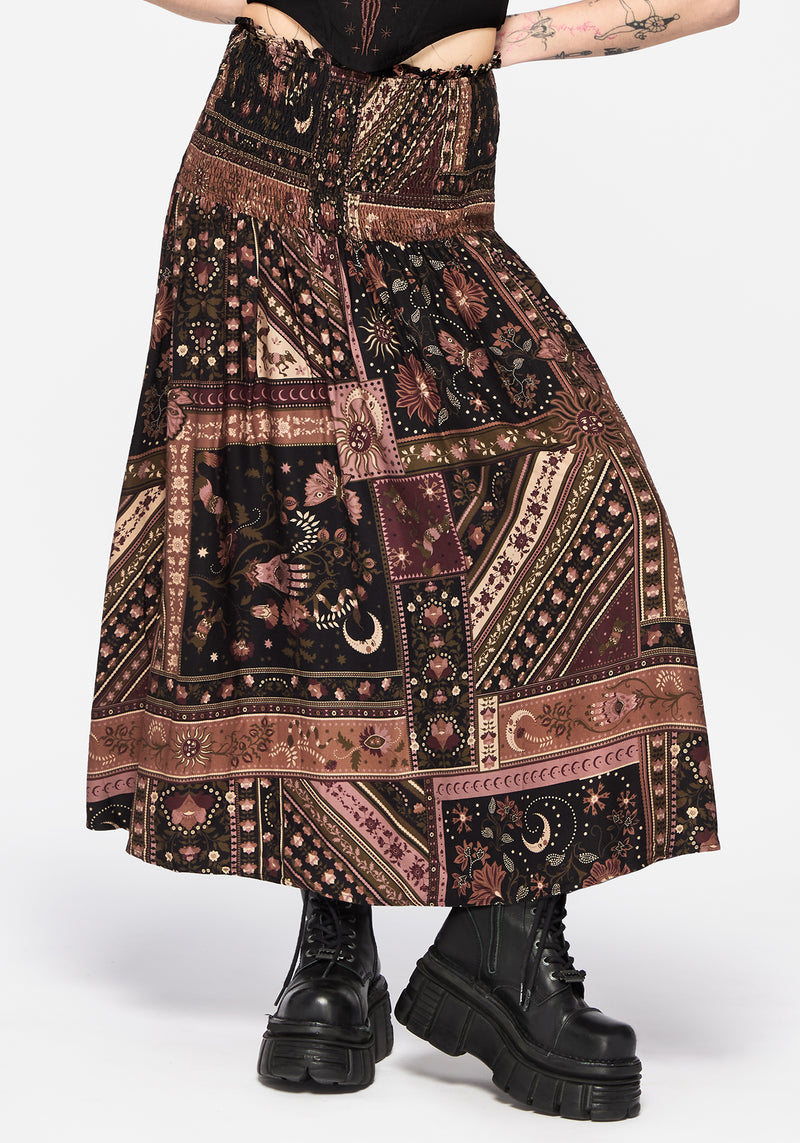 Nola Folk Patchwork Print Shirred Midi Skirt – Disturbia