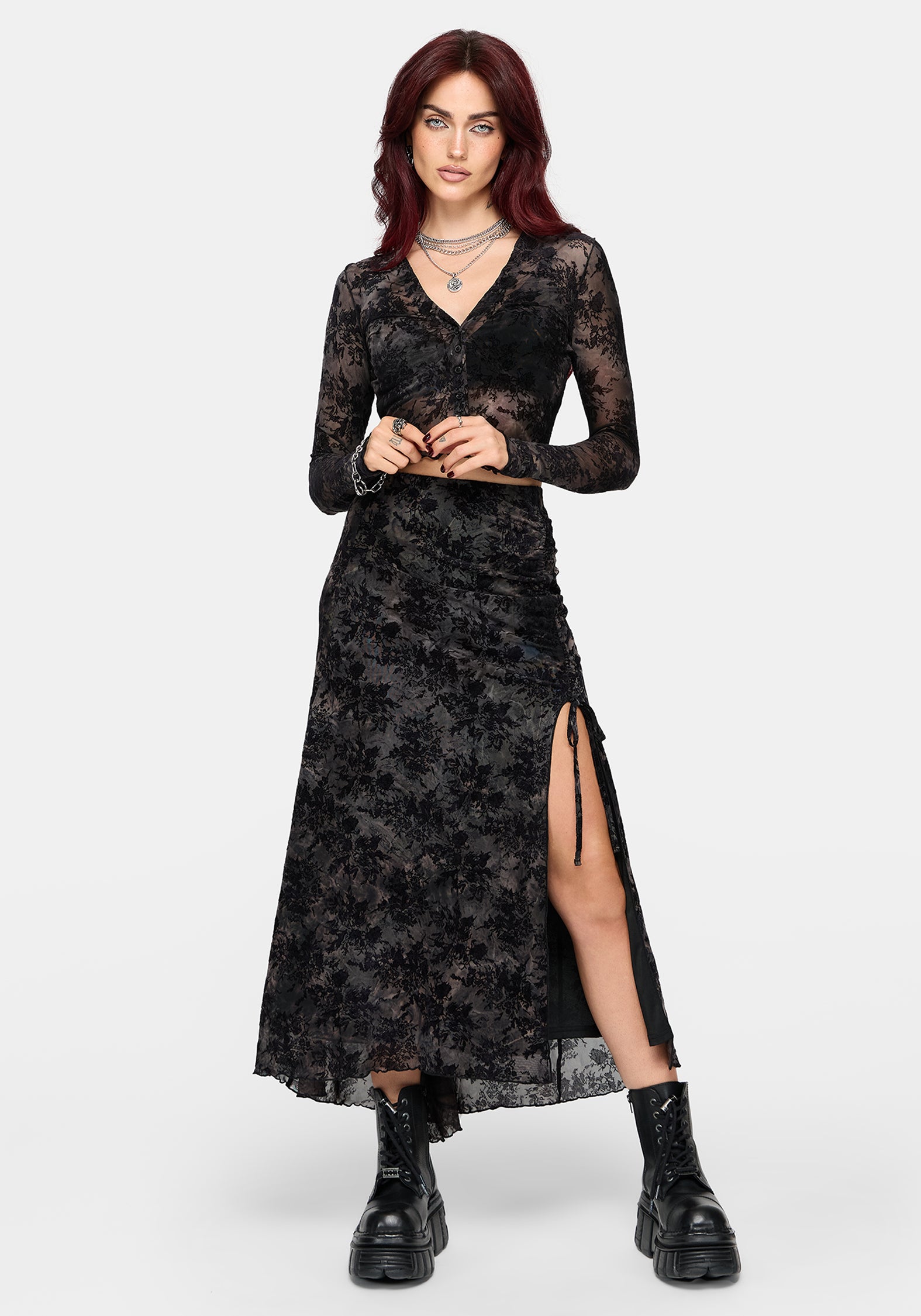Zuri Lace Flocked Ruched Midaxi Skirt – Disturbia