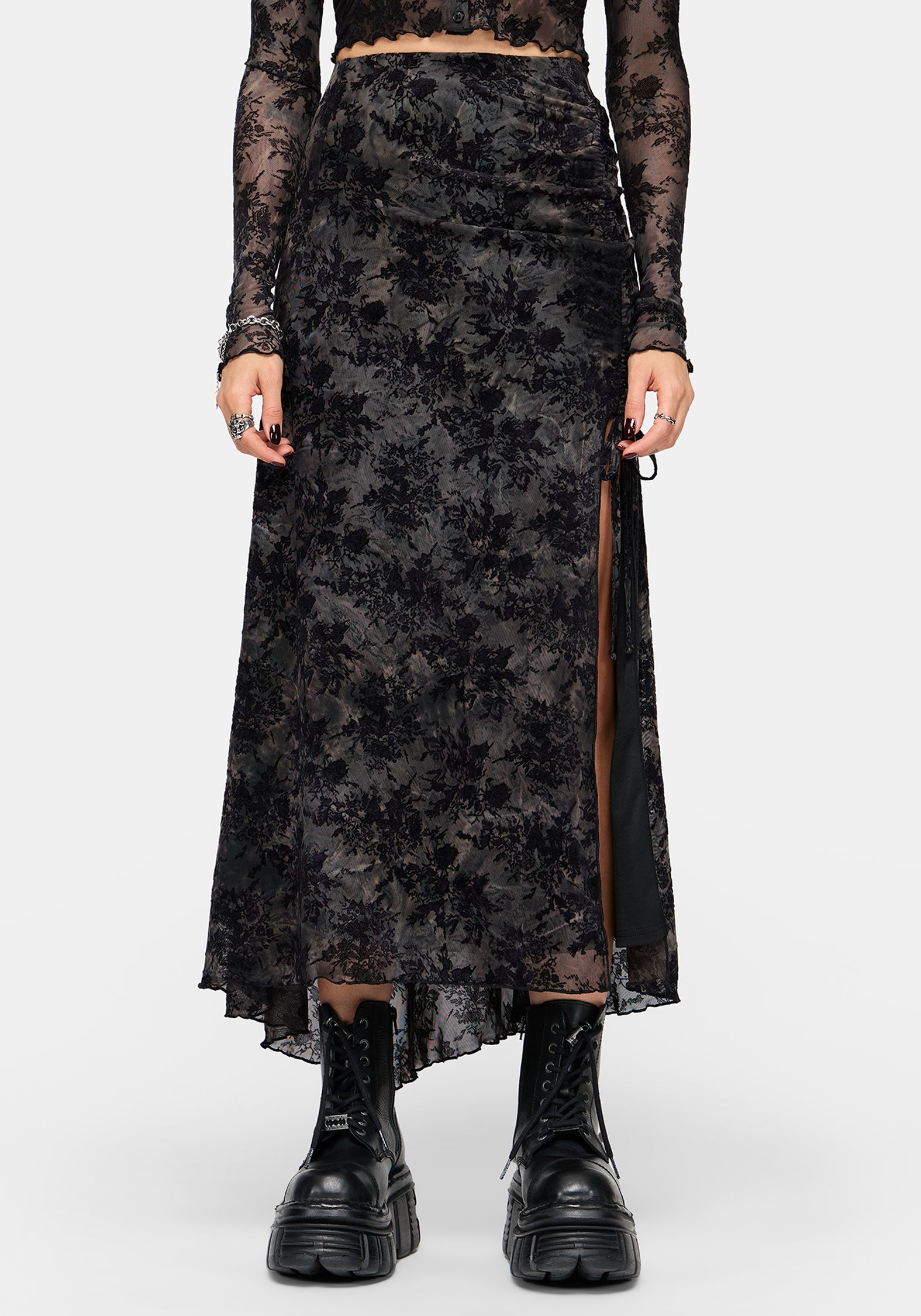 Zuri Lace Flocked Ruched Midaxi Skirt – Disturbia