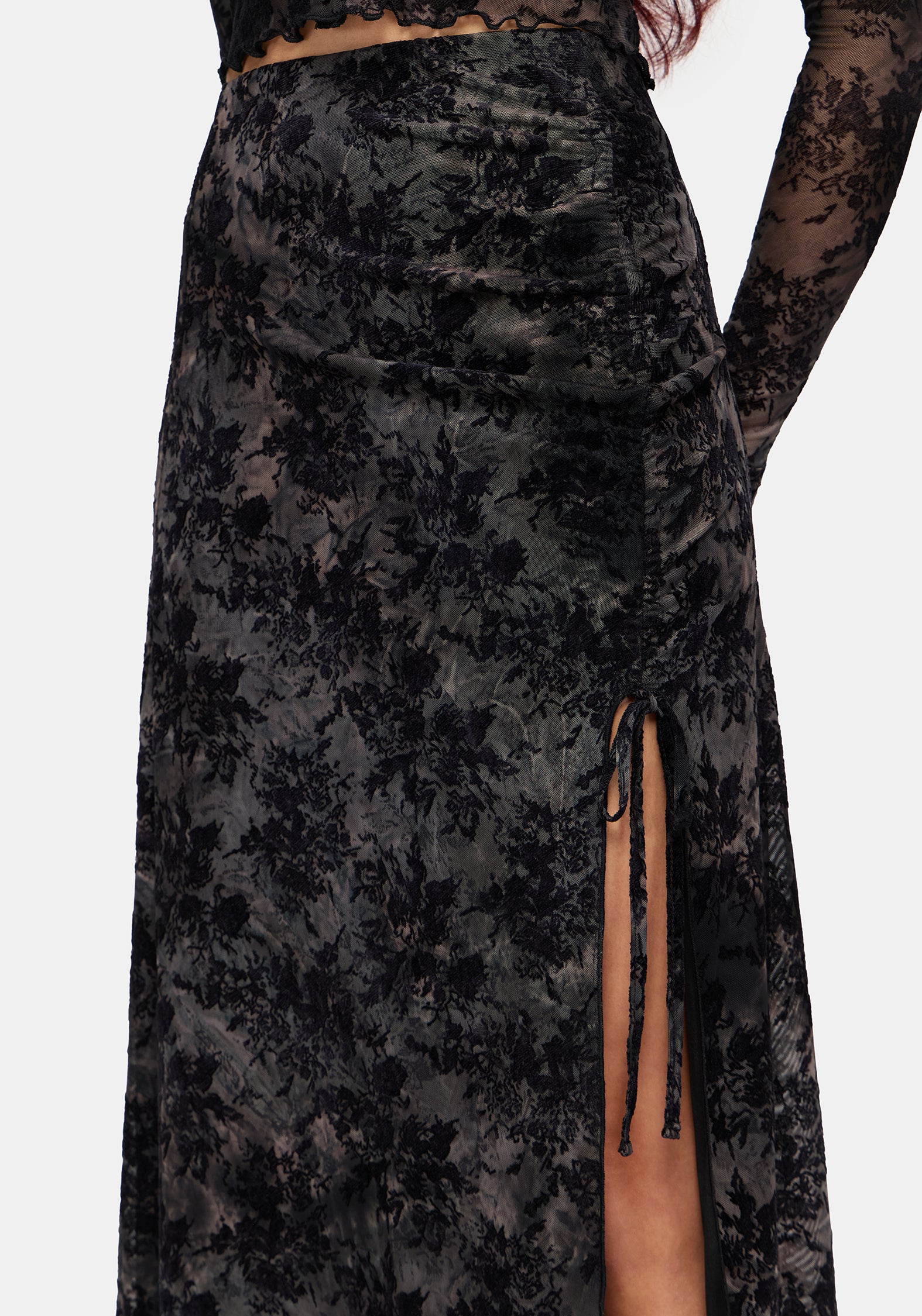 Zuri Lace Flocked Ruched Midaxi Skirt – Disturbia