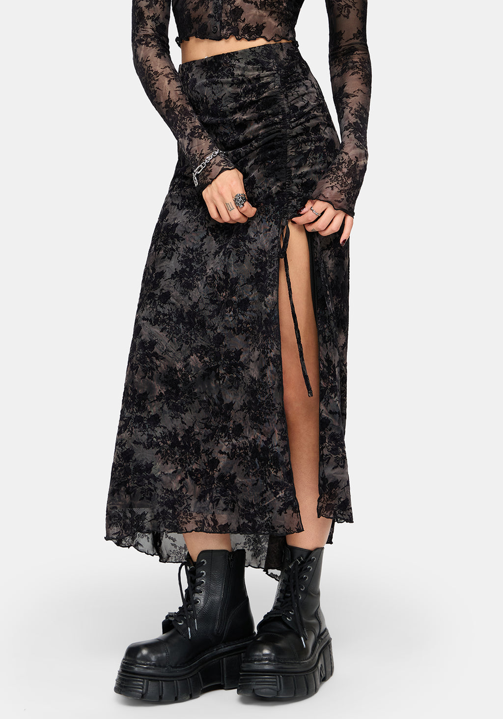 Zuri Lace Flocked Ruched Midaxi Skirt – Disturbia