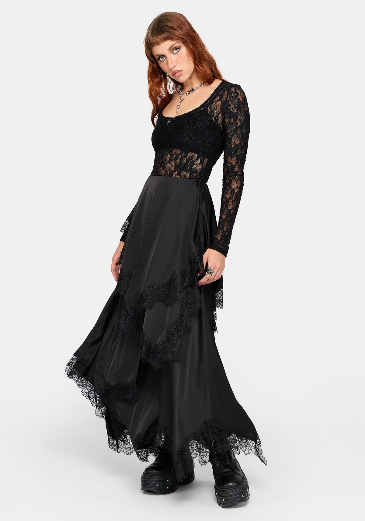 Dhalia Satin and Lace Tattered Maxi Skirt