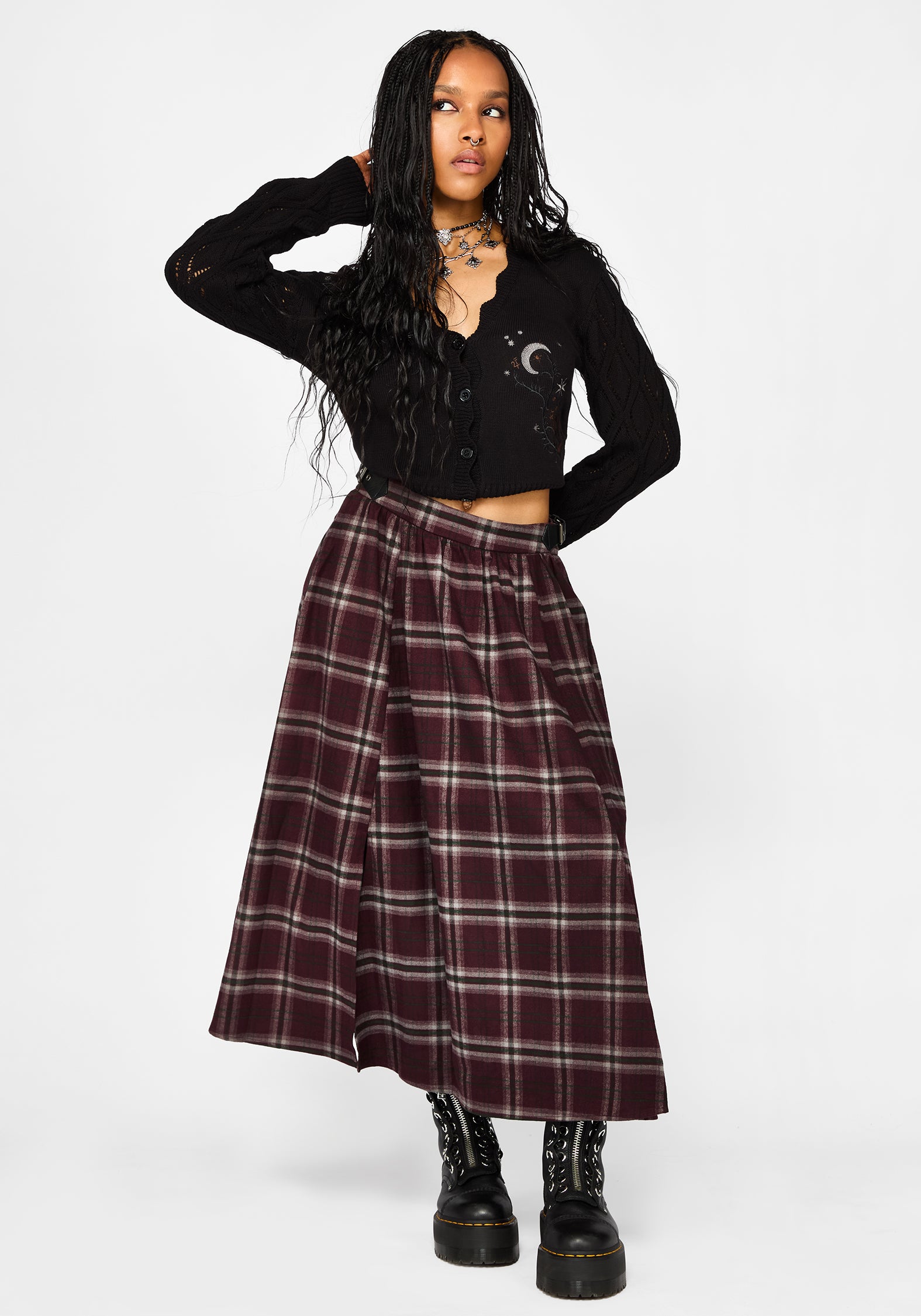 Nightingale Buckled Check Midi Skirt