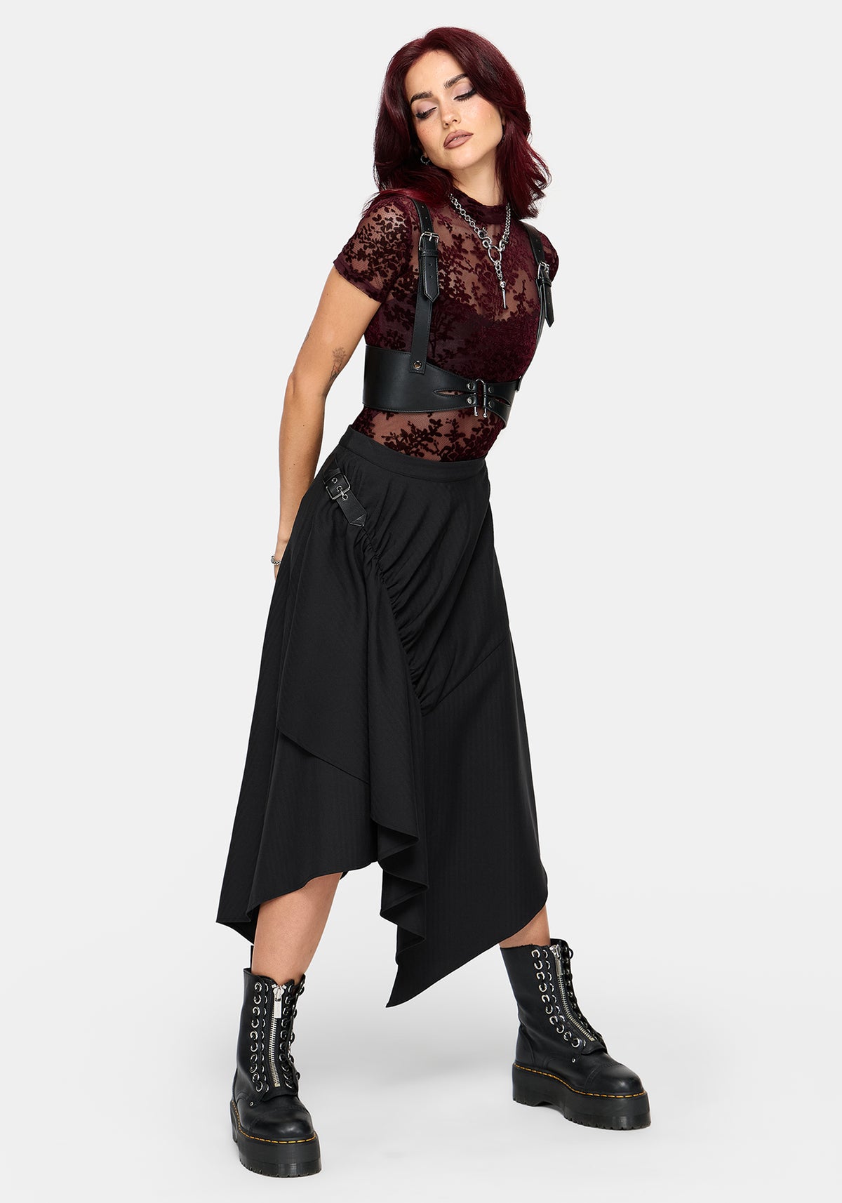 Reina Buckle Hanky Hem Midi Skirt