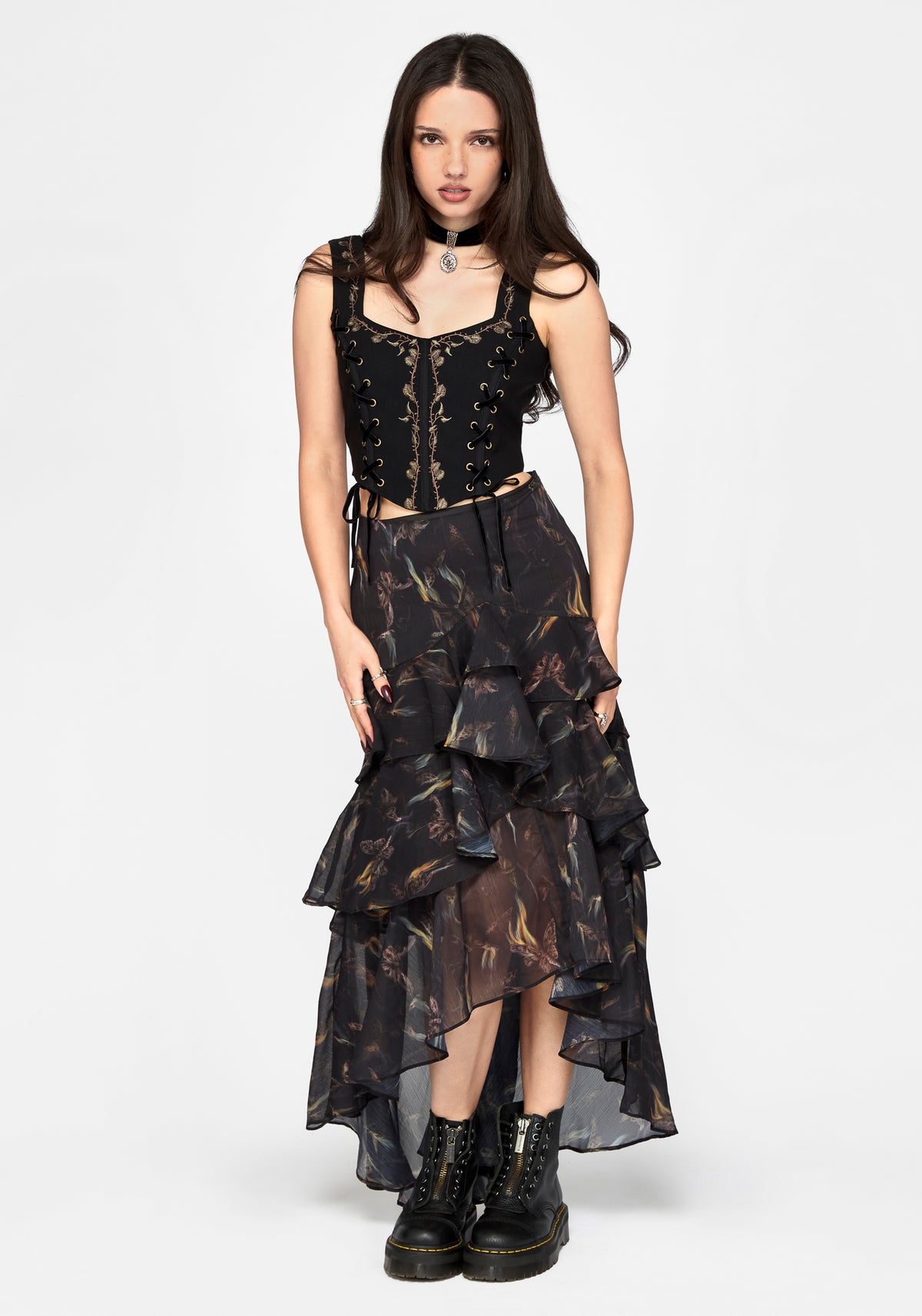 Ember Moth Chiffon Ruffle Maxi Skirt