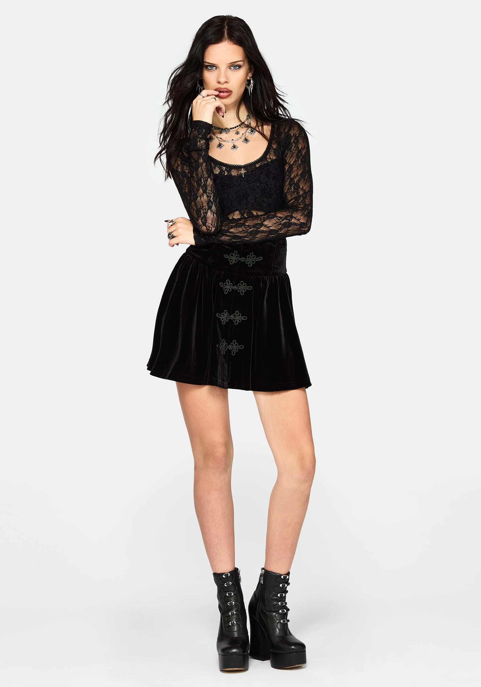 Nova Velour Frog Closure Mini Skirt – Disturbia
