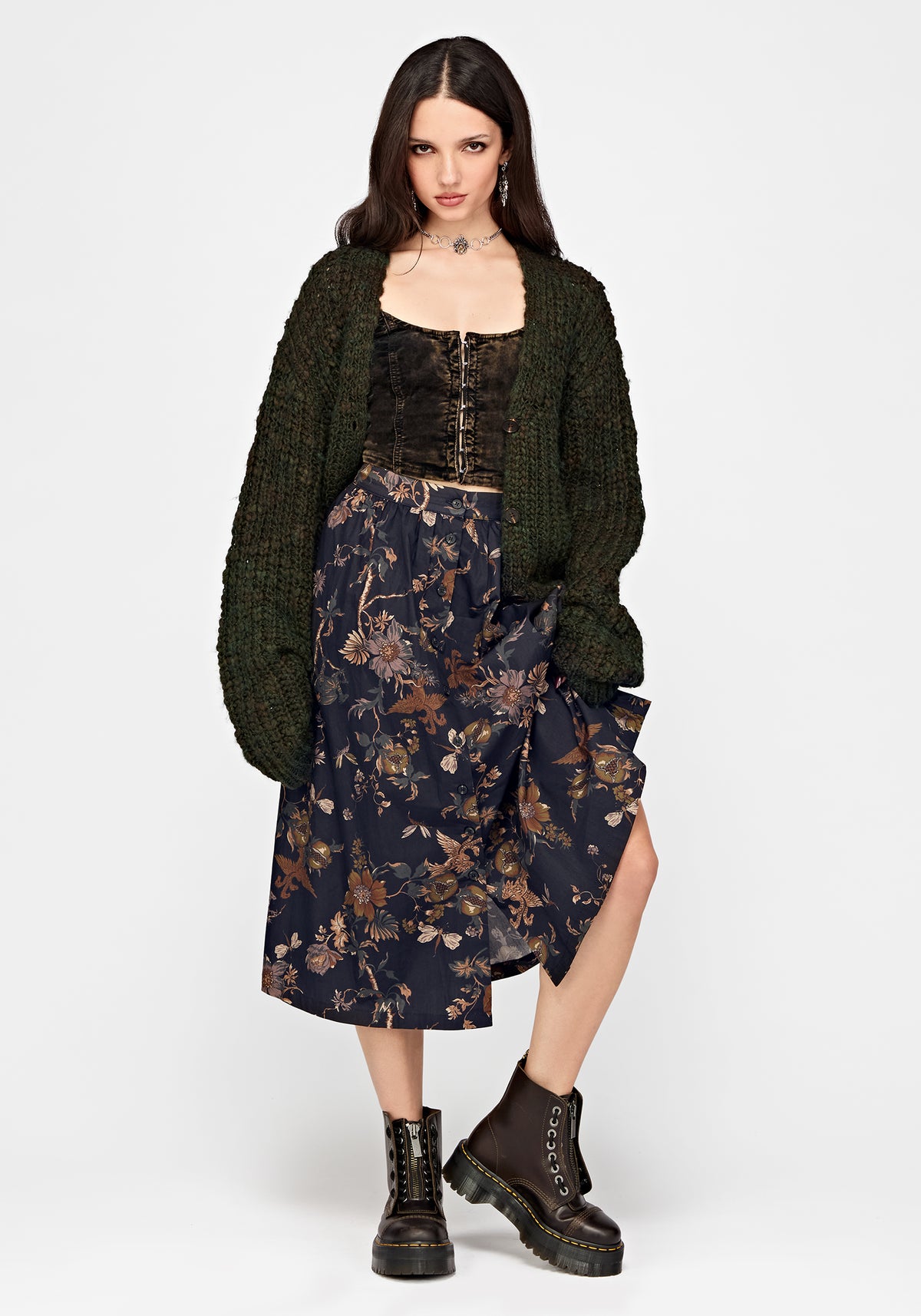 Poison Eden Printed Button Down Skirt - Midnight