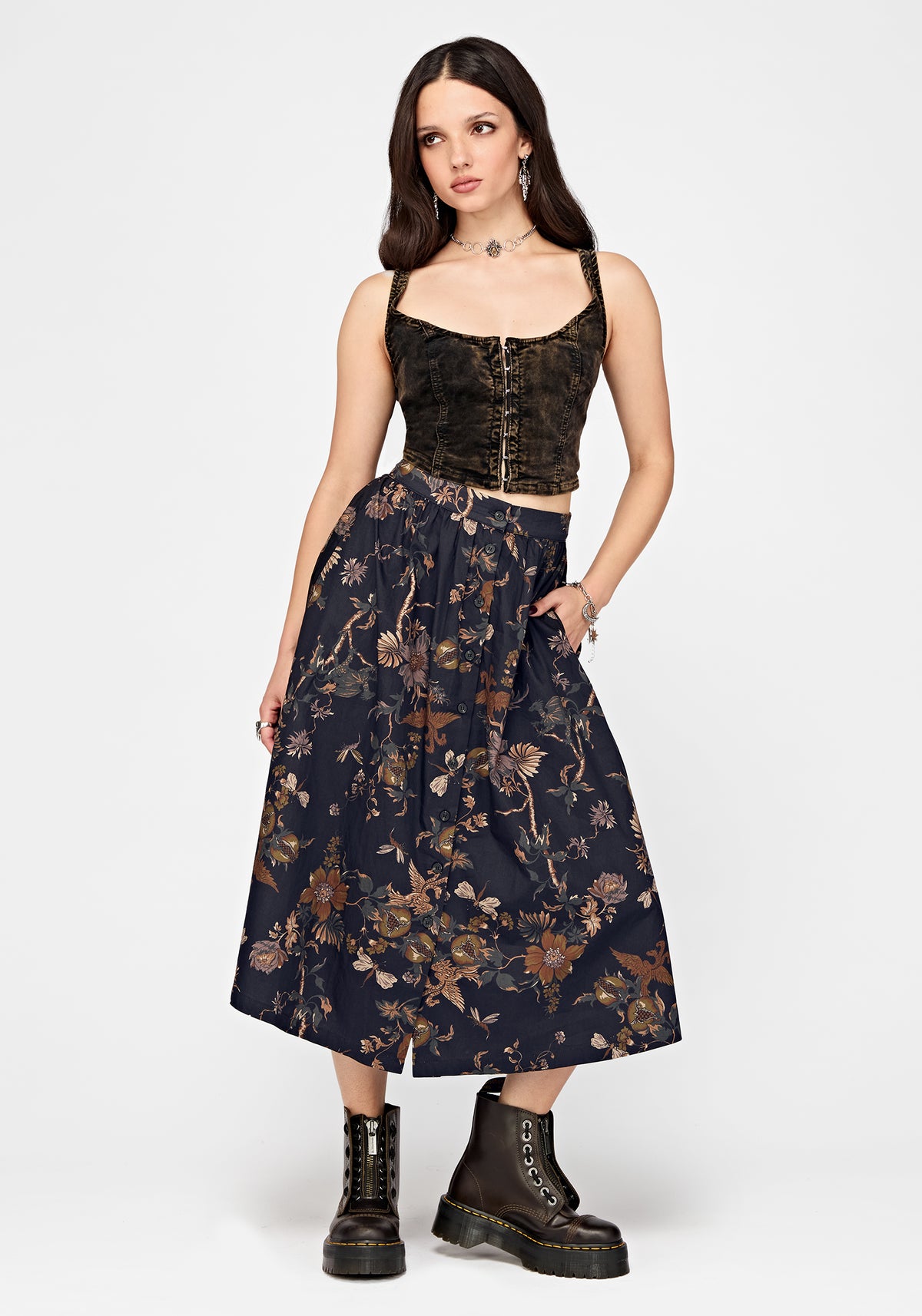 Poison Eden Printed Button Down Skirt - Midnight