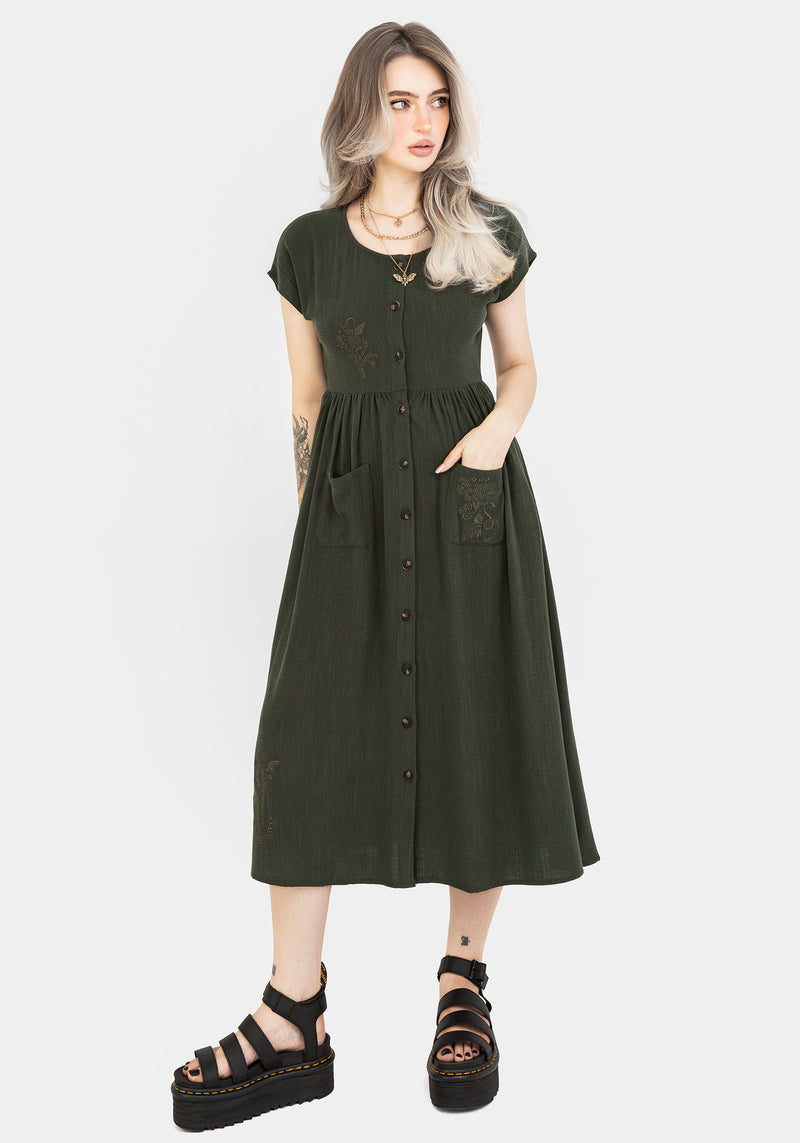 Foliate Linen-Blend Embroidered Button Up Midi Dress - Green | Disturbia - Shop Women's Gothic, Alternative & Dark Romantic Fashion, Accessories & Homeware Foliate Linen-Blend Embroidered Button Up Midi Dress - Green | Disturbia - Shop Women's Gothic, Alternative & Dark Romantic Fashion, Accessories & Homeware