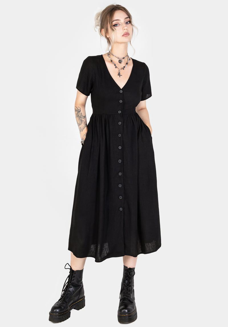 Rowan Linen Button Up Midi Dress | Disturbia - Shop Women's Gothic, Alternative & Dark Romantic Fashion, Accessories & Homeware Rowan Linen Button Up Midi Dress | Disturbia - Shop Women's Gothic, Alternative & Dark Romantic Fashion, Accessories & Homeware