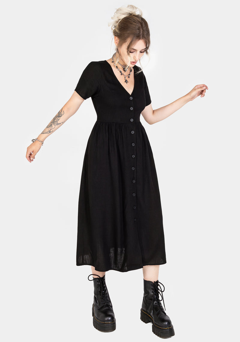 Rowan Linen Button Up Midi Dress | Disturbia - Shop Women's Gothic, Alternative & Dark Romantic Fashion, Accessories & Homeware Rowan Linen Button Up Midi Dress | Disturbia - Shop Women's Gothic, Alternative & Dark Romantic Fashion, Accessories & Homeware