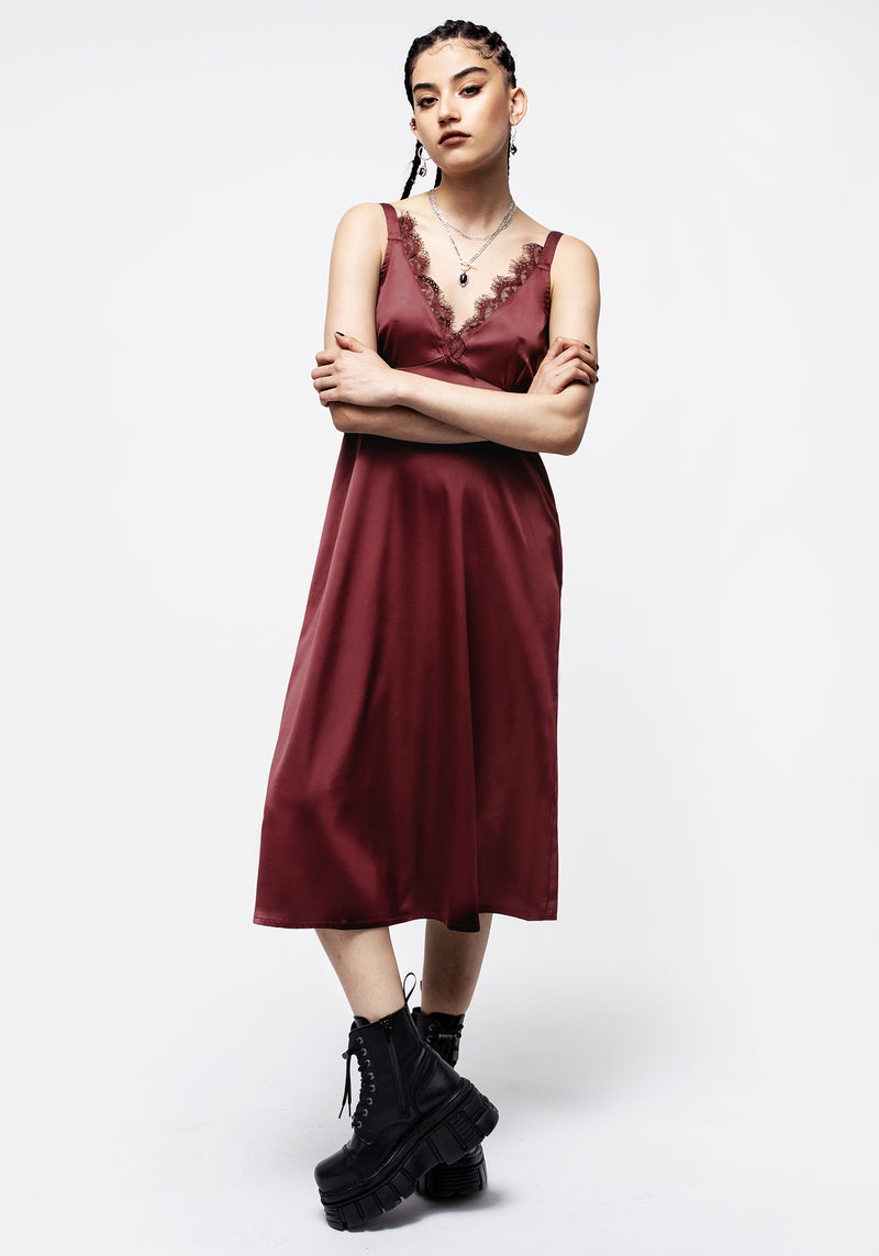 Medeina Lace Trim Satin Midi Slip Dress Red - Main Image