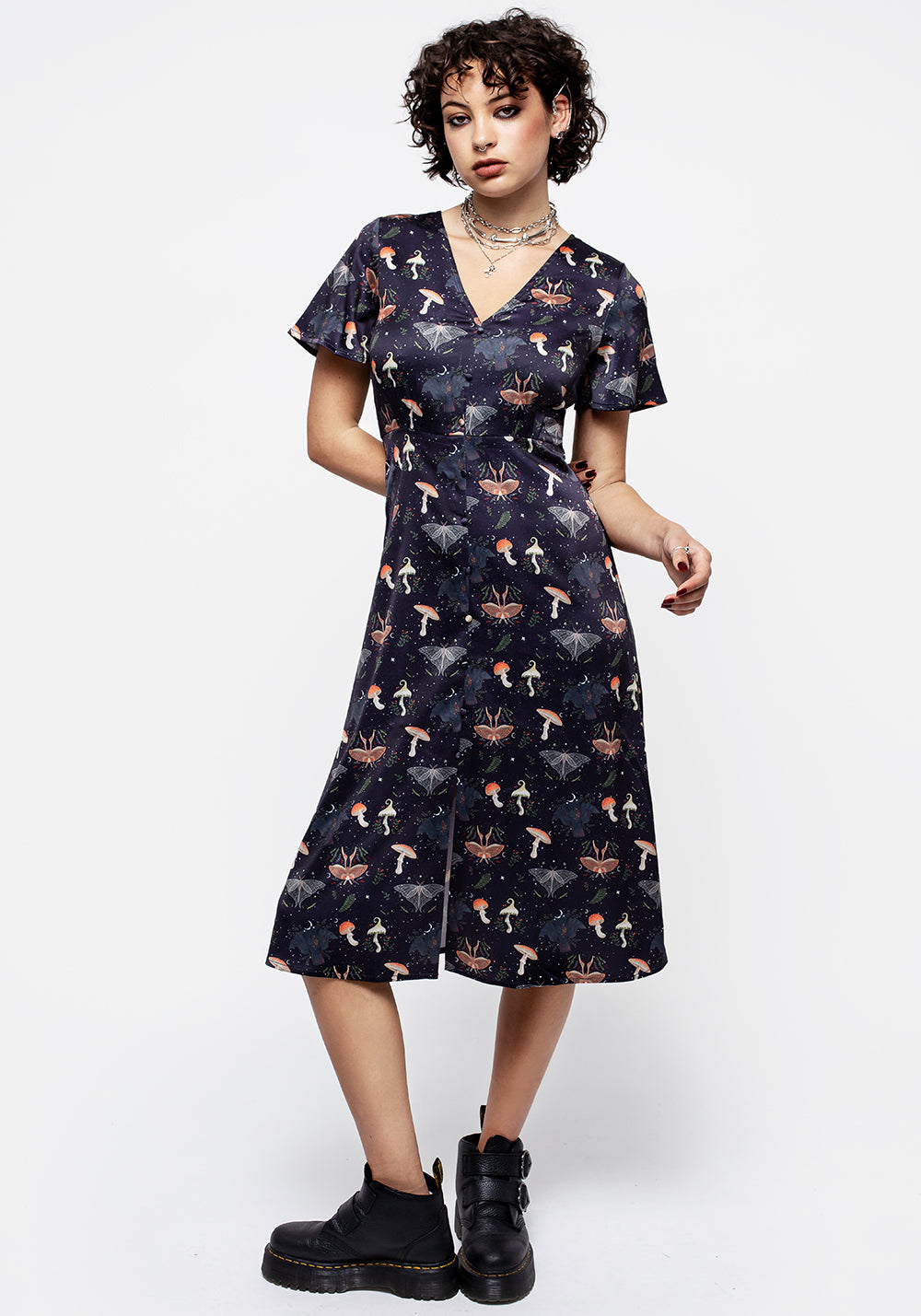 Medeina Print Button Front Satin Midi Dress | Disturbia