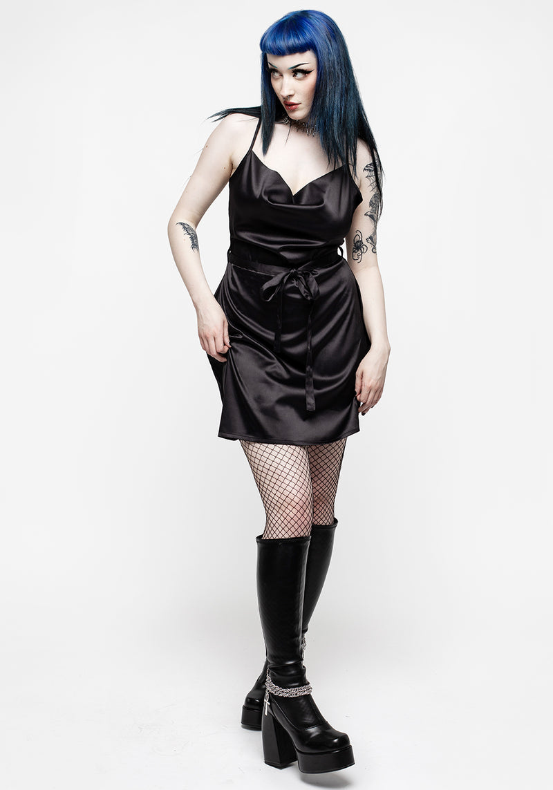 Medeina Cowl Neck Belted Satin Mini Dress - Midnight Black