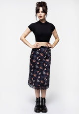 Medeina Print Satin Lace Trim Midi Skirt