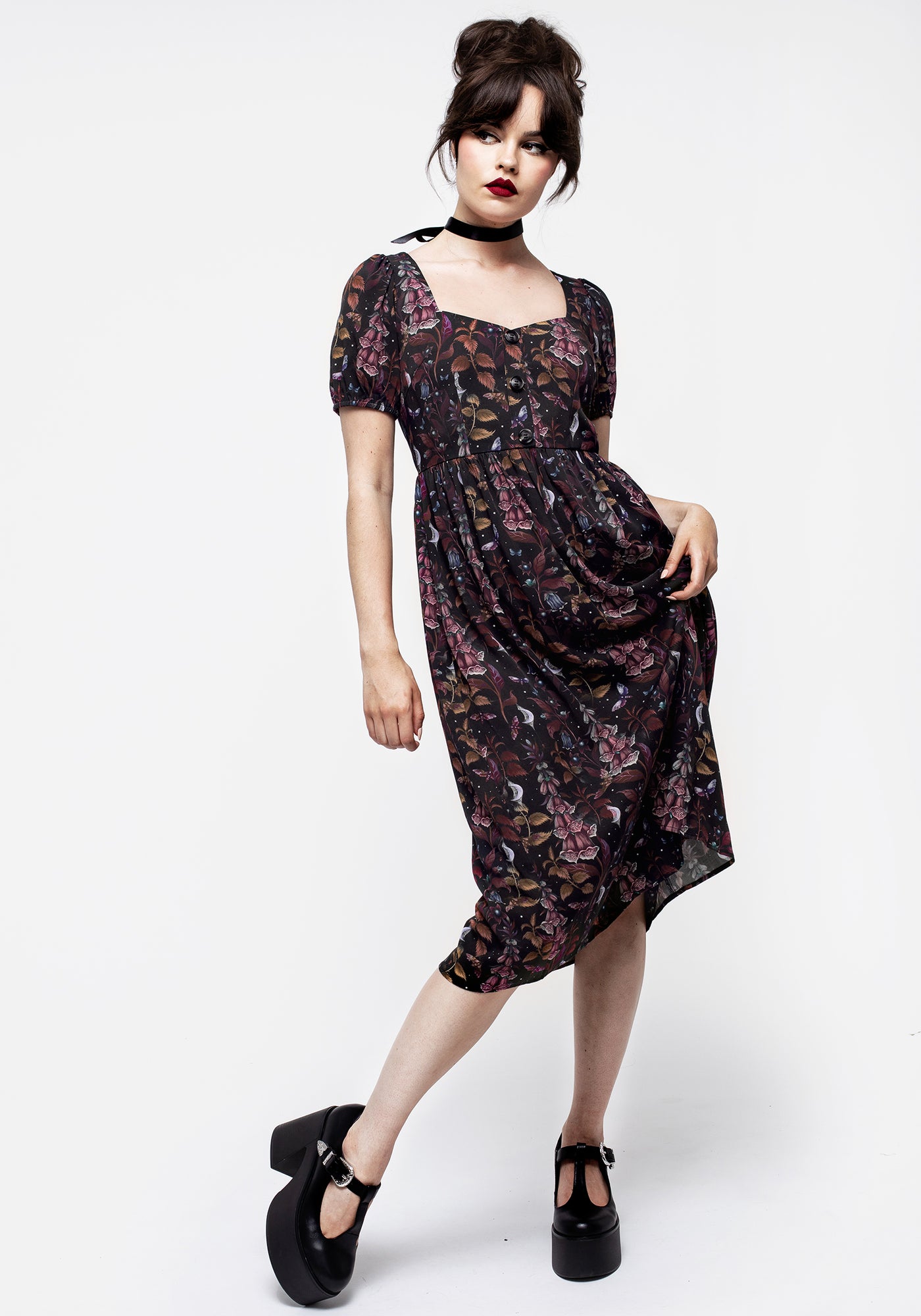 vilinia midi dress in pretty petal flock black Foxglove Button Detail Midi Dress | Disturbia