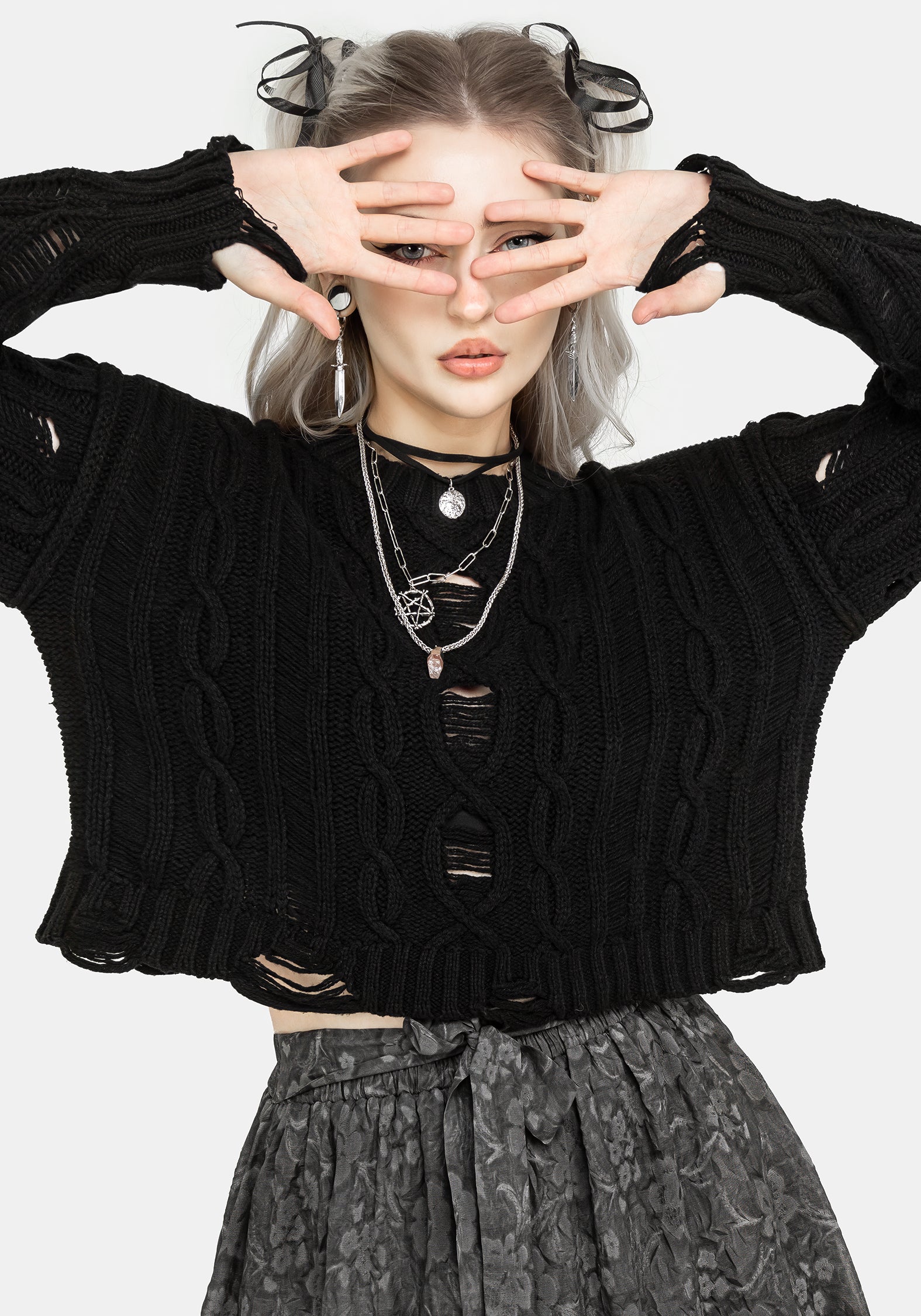 Nemesis Distressed Cable Knit Sweater