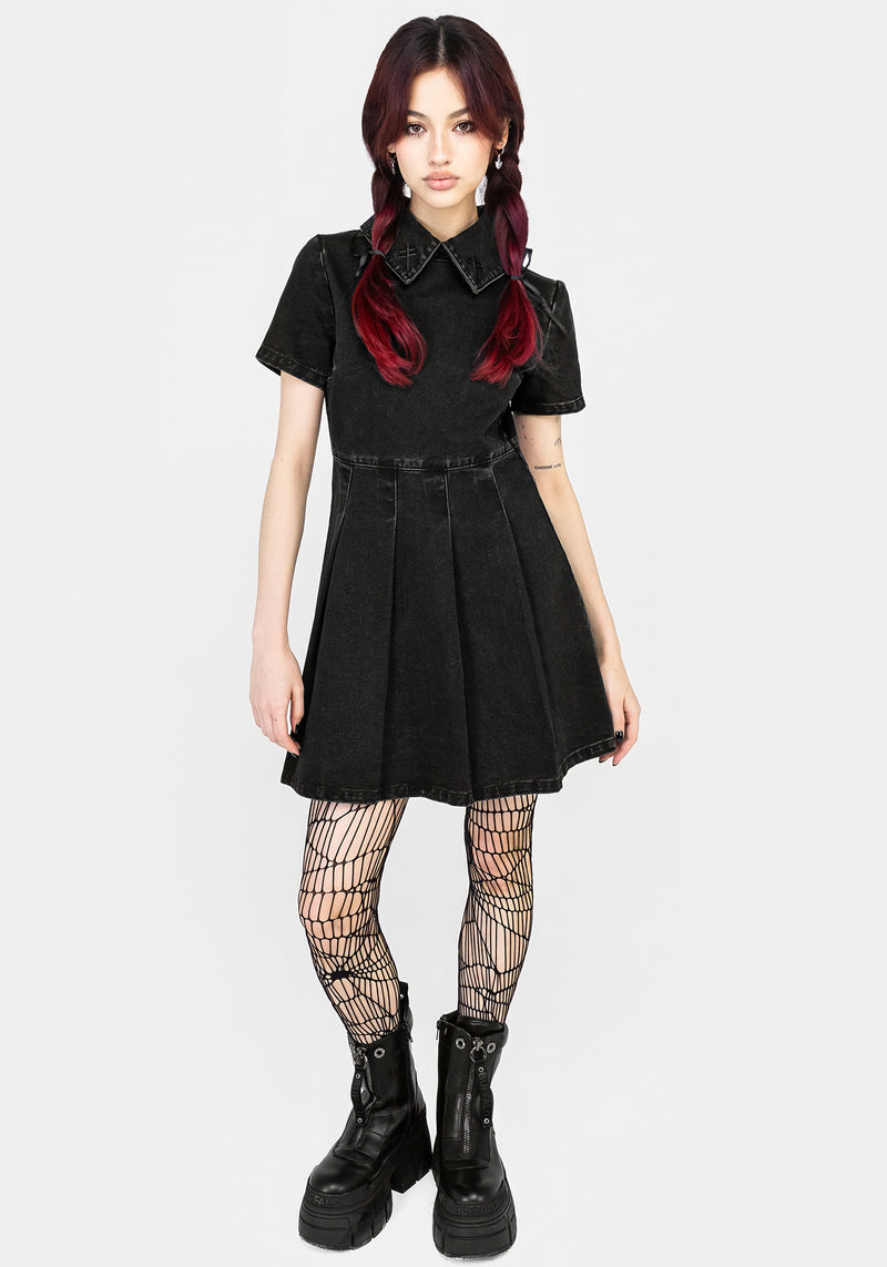 Elsa Denim Pleated Mini Dress | Disturbia - Shop Women's Gothic, Alternative & Dark Romantic Fashion, Accessories & Homeware Elsa Denim Pleated Mini Dress | Disturbia - Shop Women's Gothic, Alternative & Dark Romantic Fashion, Accessories & Homeware