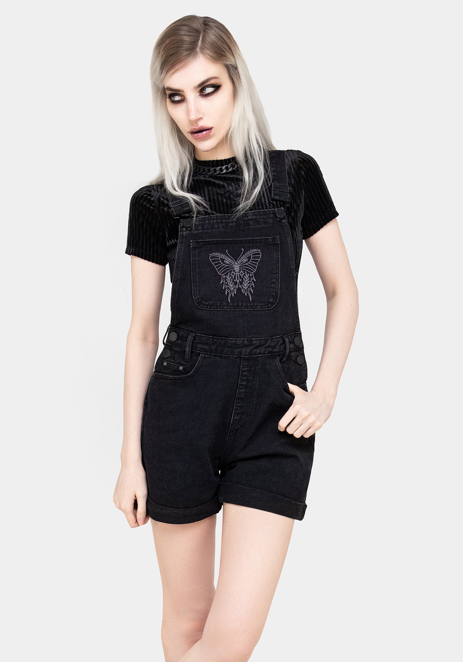 Papillion Embroidered Denim Dungaree Shorts | Disturbia - Shop