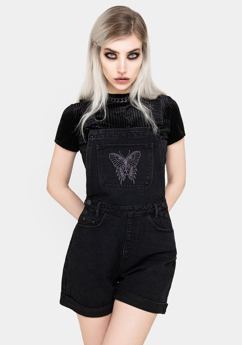 Papillion Embroidered Denim Dungaree Shorts | Disturbia - Shop Women's Gothic, Alternative & Dark Romantic Fashion, Accessories & Homeware Papillion Embroidered Denim Dungaree Shorts | Disturbia - Shop Women's Gothic, Alternative & Dark Romantic Fashion, Accessories & Homeware