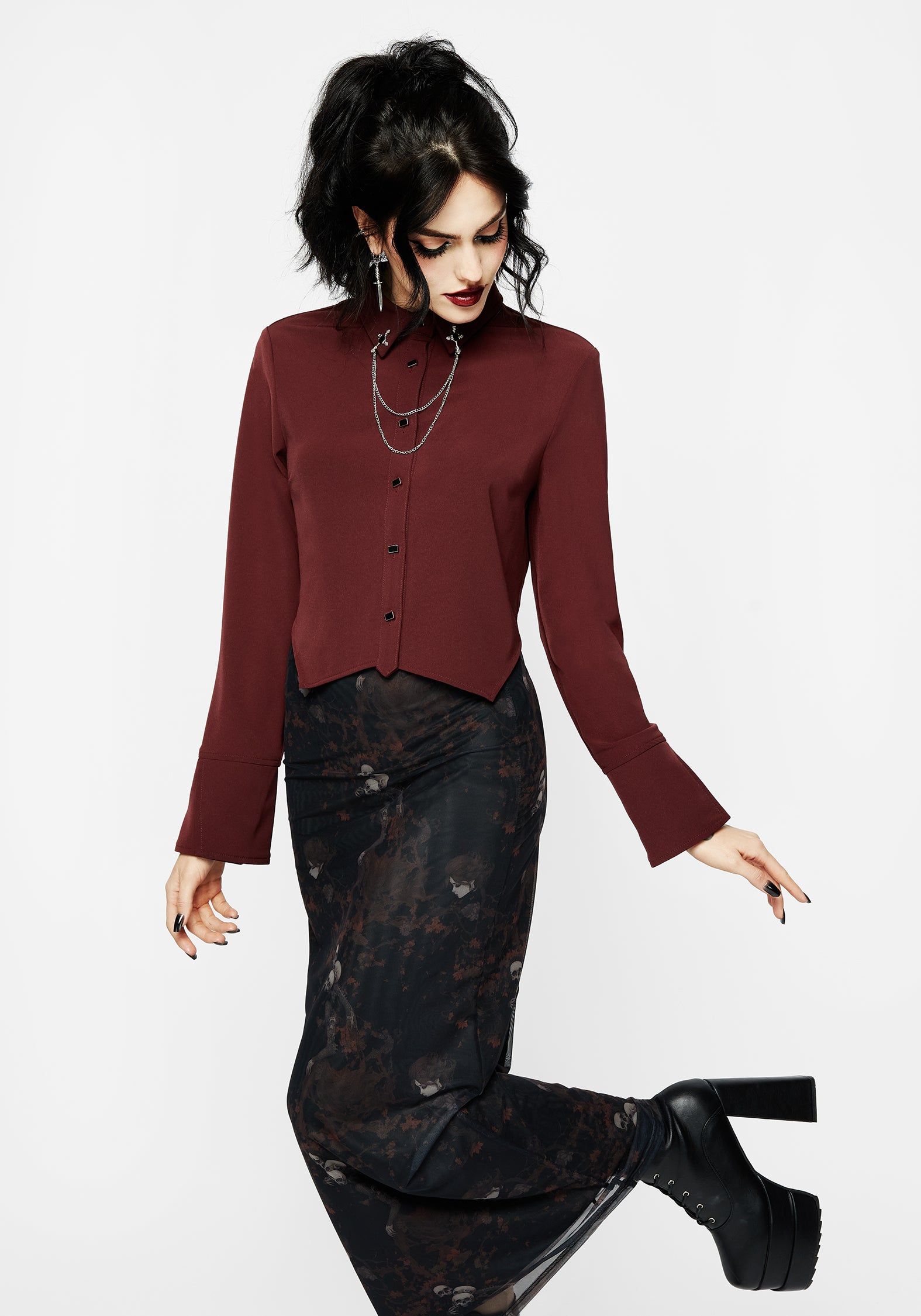 Resurrection Cross Chain Collared Crop Shirt | Disturbia - Shop