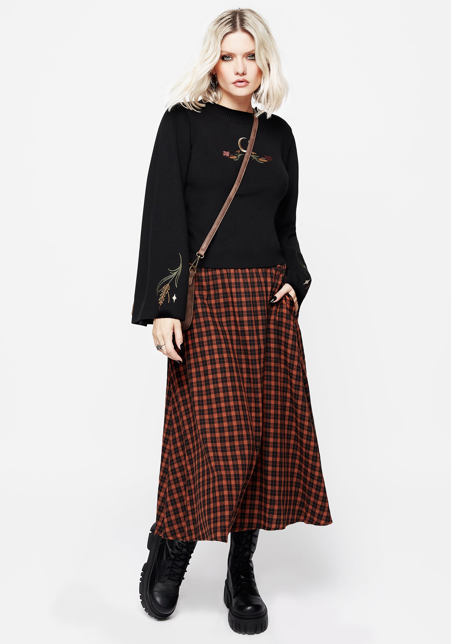Terra Check Midi Skirt - Orange | Disturbia - Shop Women's Gothic