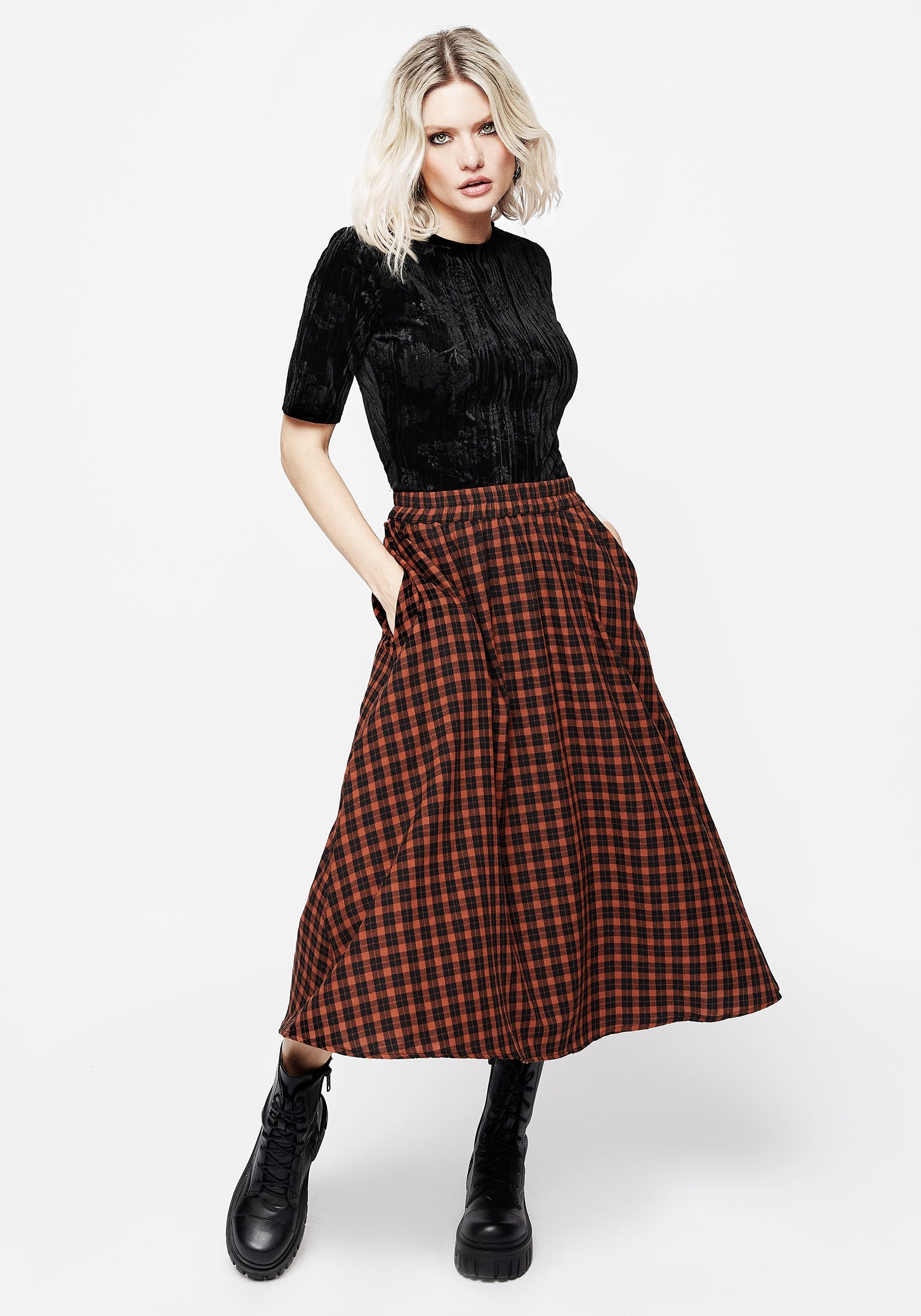Terra Check Midi Skirt - Orange | Disturbia - Shop Women's Gothic