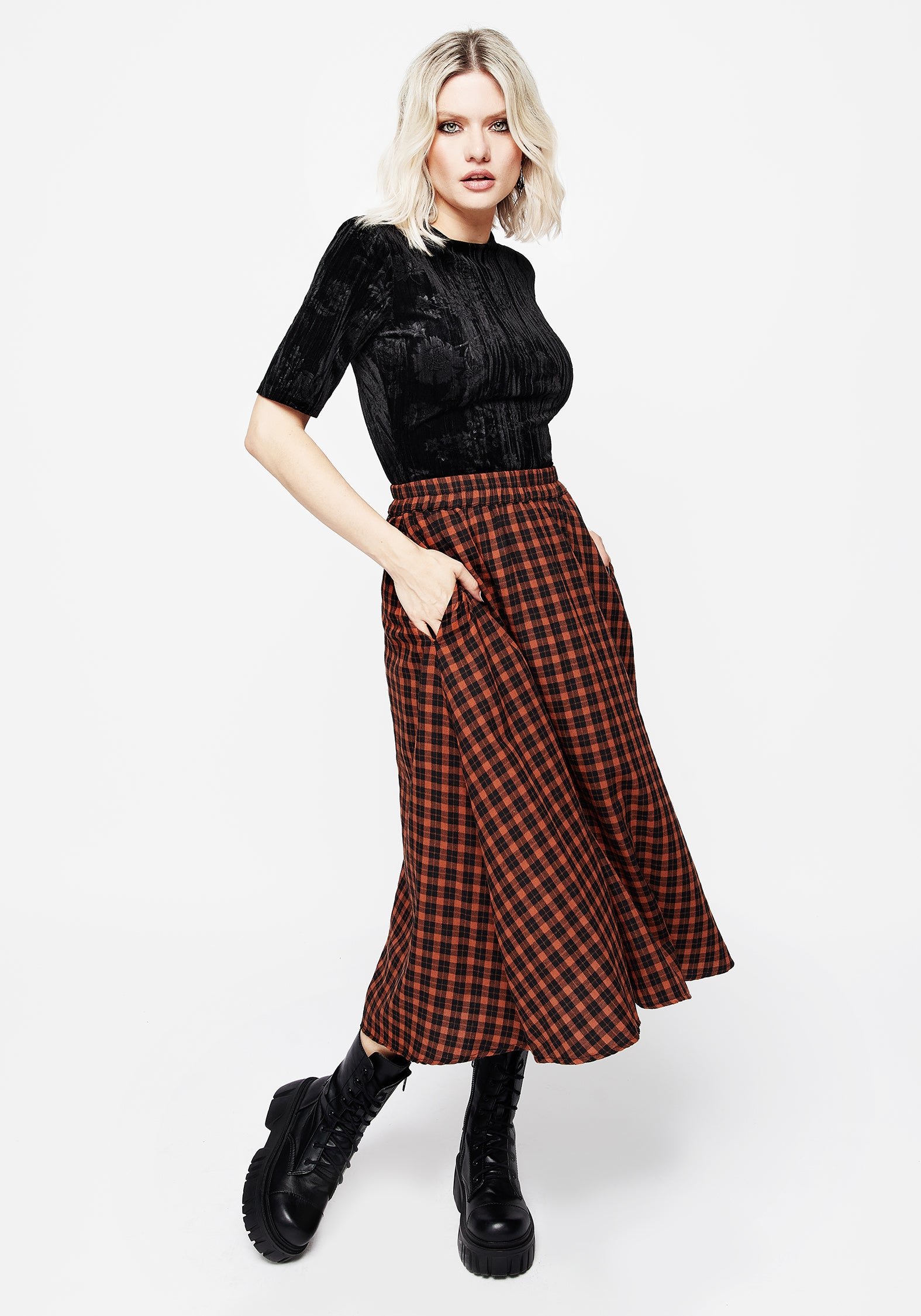 Terra Check Midi Skirt - Orange | Disturbia - Shop Women's Gothic