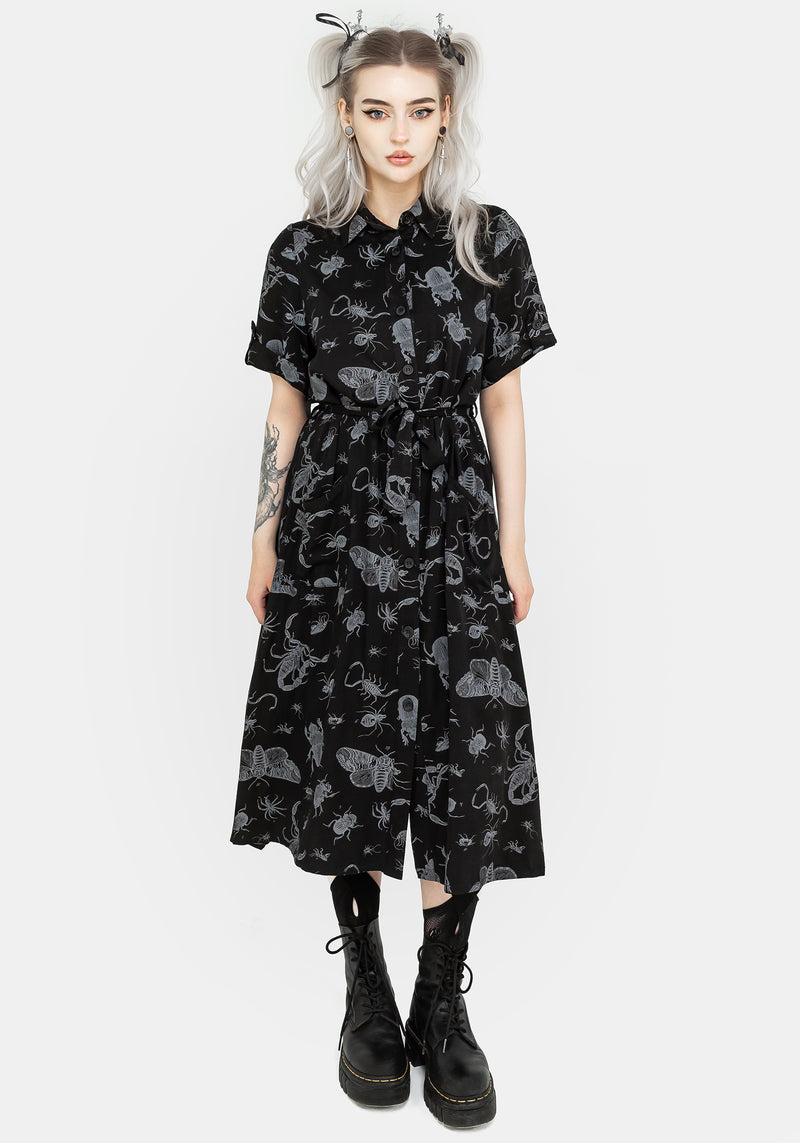 Parasite Bugs Short Sleeve Midi Shirt Dress - Black | Disturbia - Shop Women's Gothic, Alternative & Dark Romantic Fashion, Accessories & Homeware Parasite Bugs Short Sleeve Midi Shirt Dress - Black | Disturbia - Shop Women's Gothic, Alternative & Dark Romantic Fashion, Accessories & Homeware