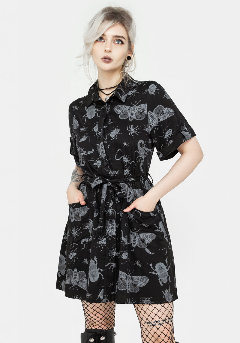 Parasite Bugs Short Sleeve Mini Shirt Dress - Black Parasite Bugs Short Sleeve Mini Shirt Dress - Black