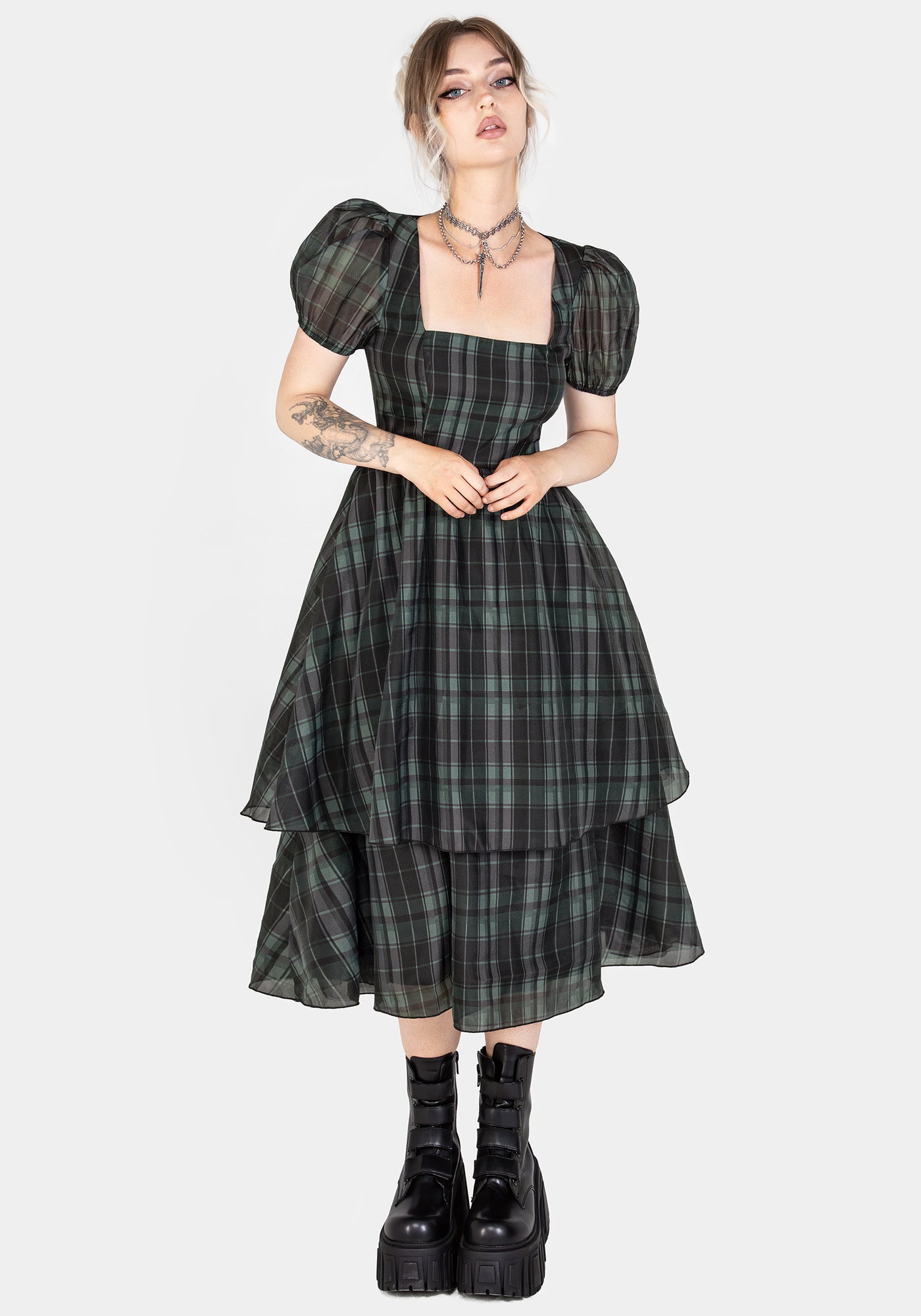 Checkmate Puff Sleeve Layered Organza Midi Dress | Disturbia