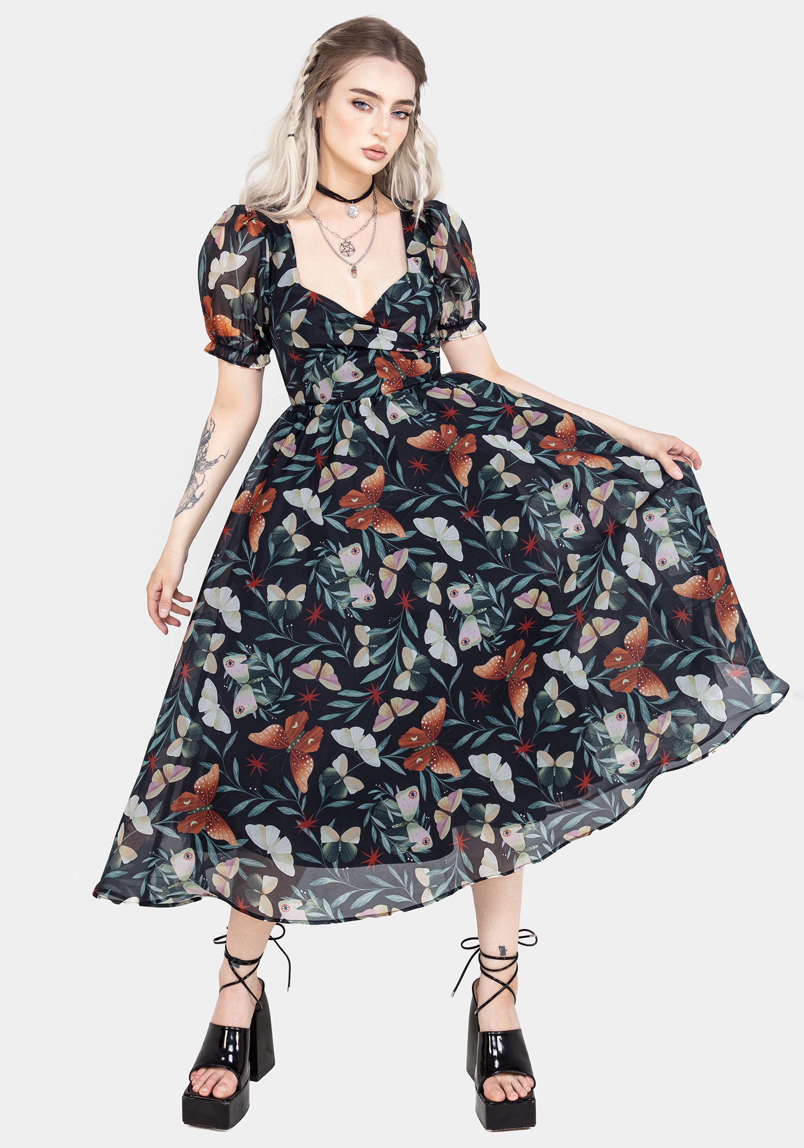 puff sleeve organza midi dress Women's Floral Print Organza Puff Sleeve Midi Dress, Pink