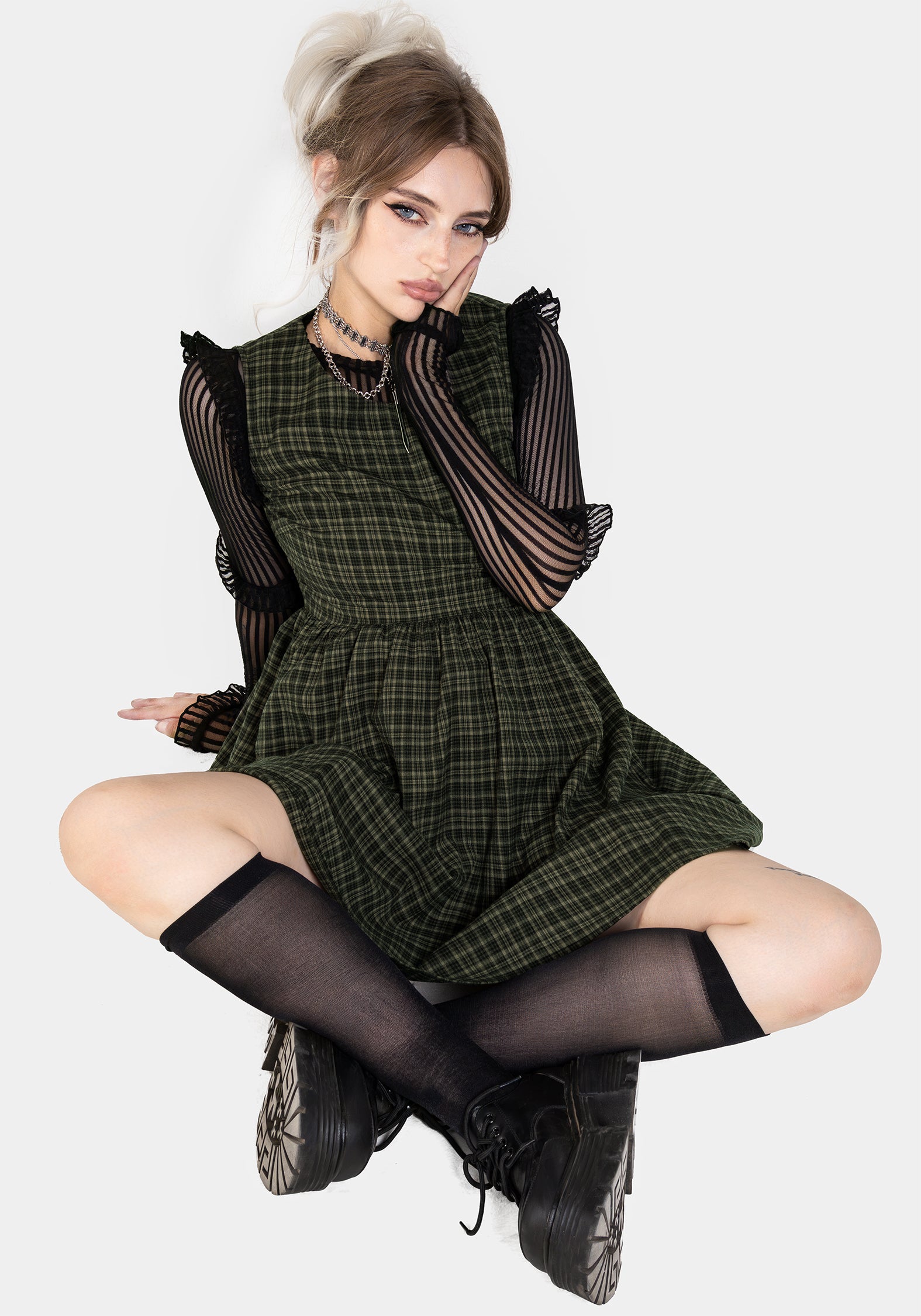 green plaid skater dress Vintage Y2K Esprit button down plaid belted skater dress in green/pink/brown