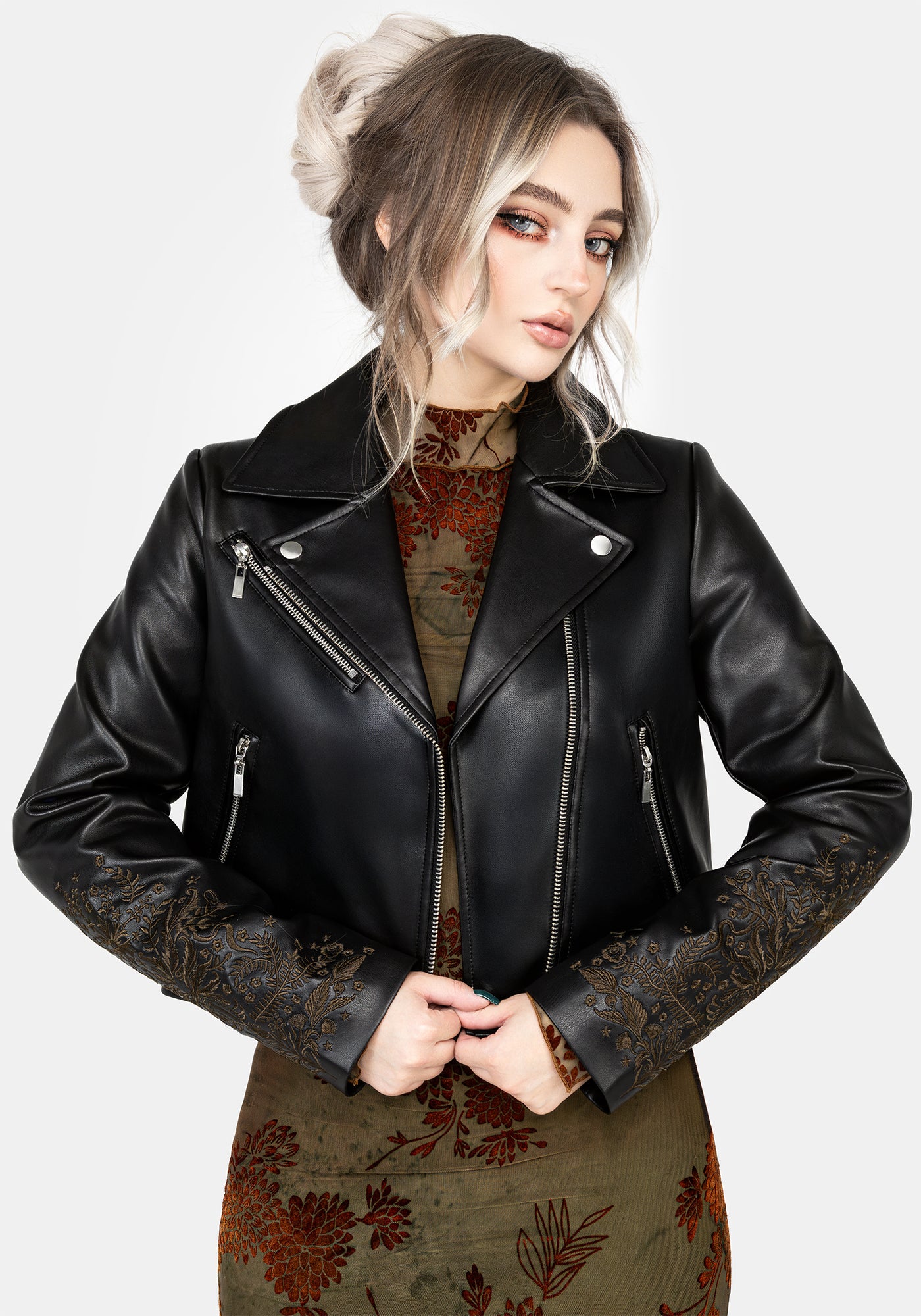 Vervain Embroidered Faux Leather Biker Jacket | Disturbia - Shop