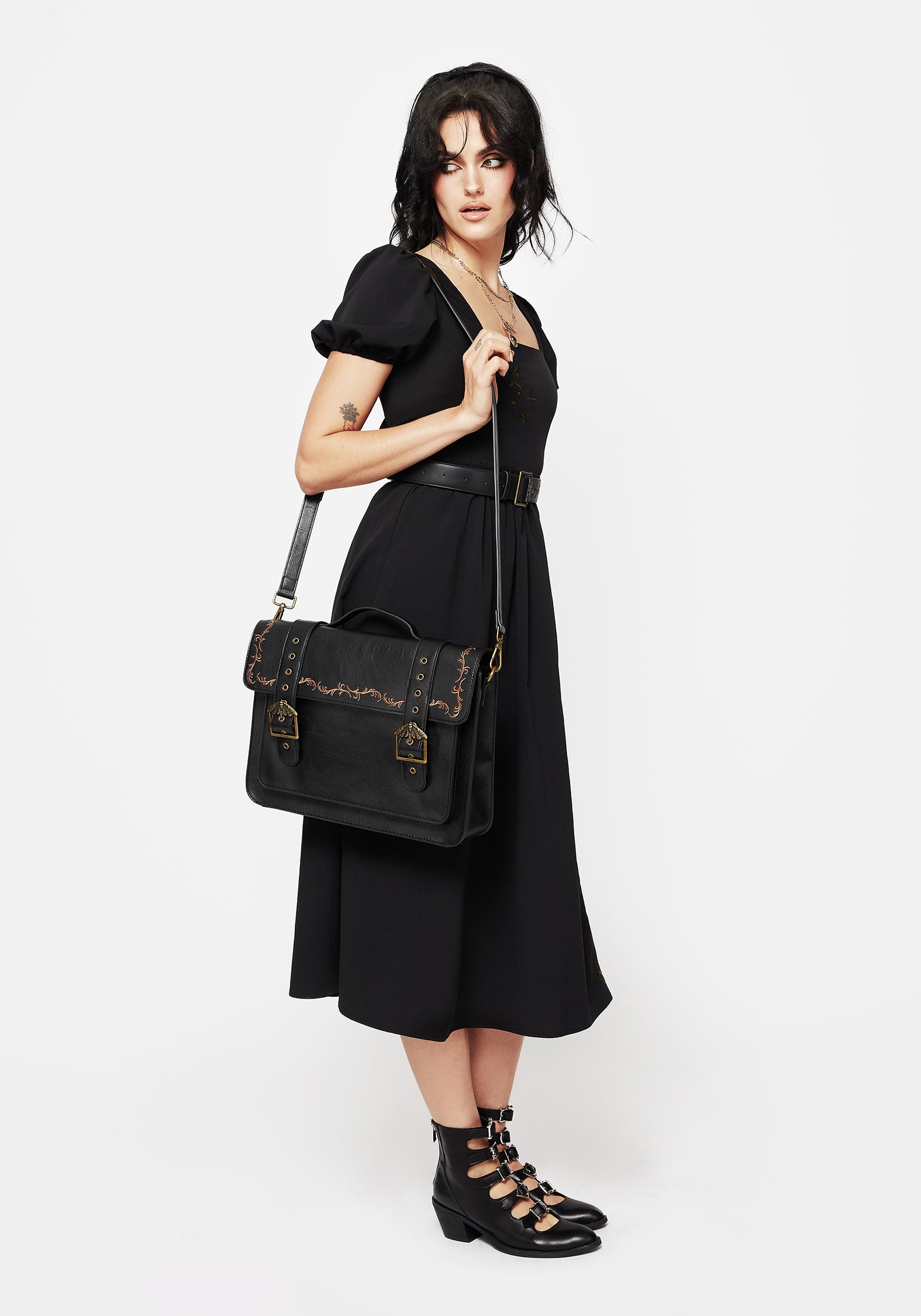 Rosamoth Buckle Vine Embroidered Satchel Bag - Black | Disturbia