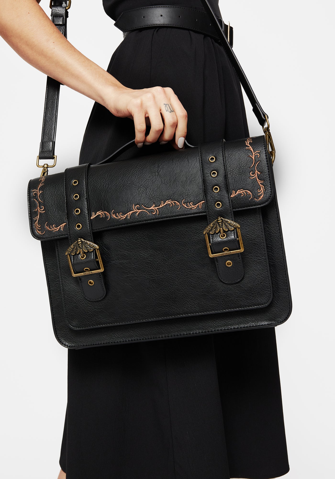 Rosamoth Buckle Vine Embroidered Satchel Bag - Black | Disturbia