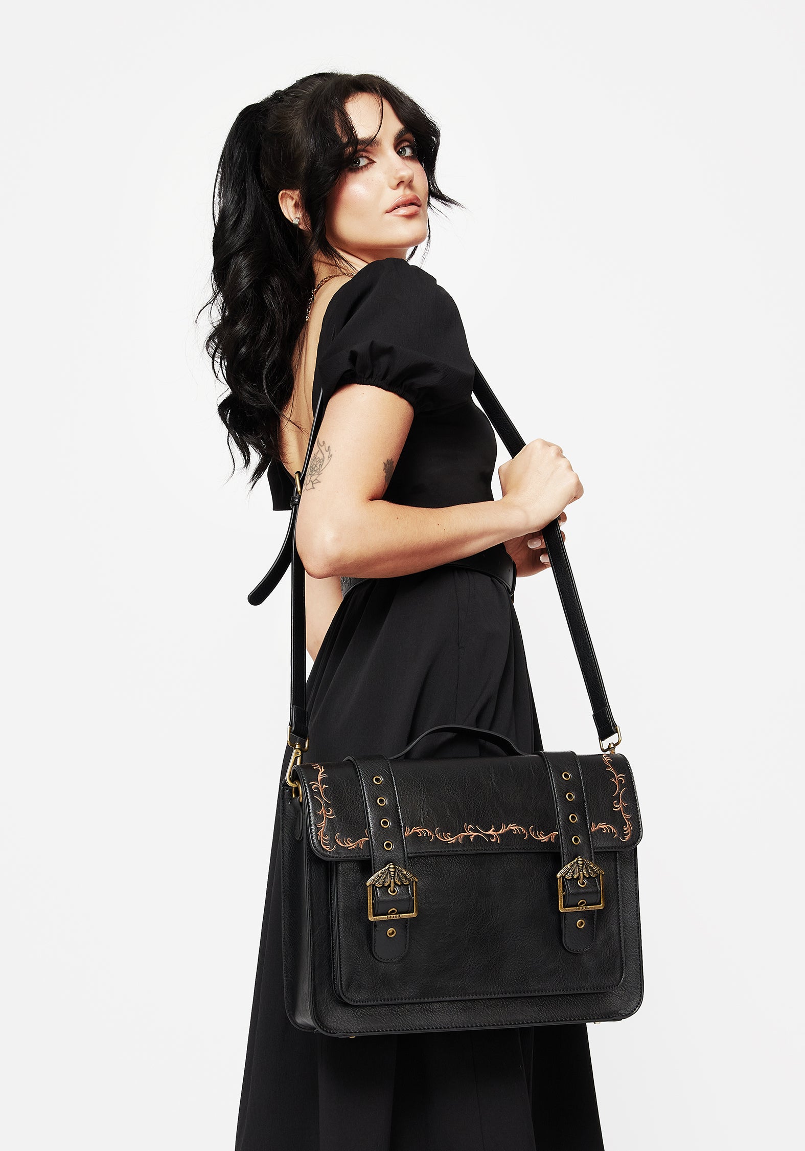 Rosamoth Buckle Vine Embroidered Satchel Bag - Black | Disturbia