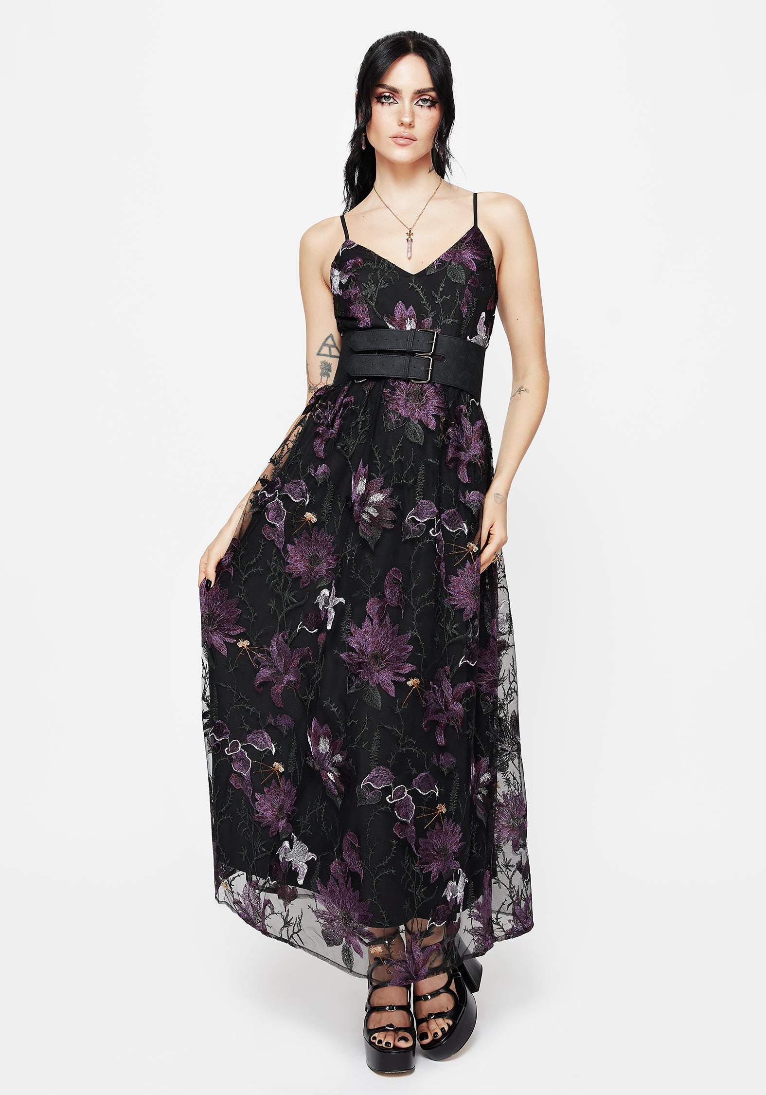 eci embroidered mesh midi dress Strapless Multi 3D Embroidery on Mesh Midi Dress