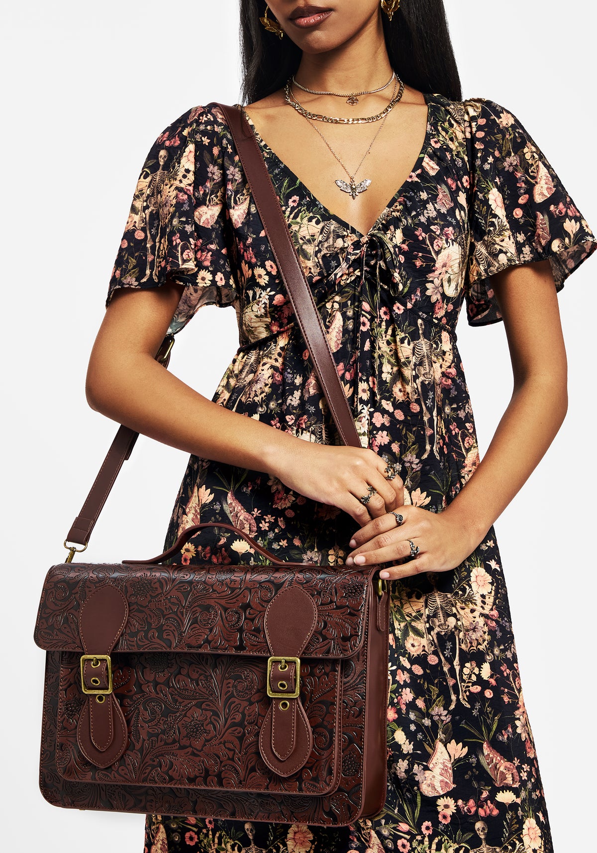 Sunder Floral Debossed Mini Crossbody Satchel Bag