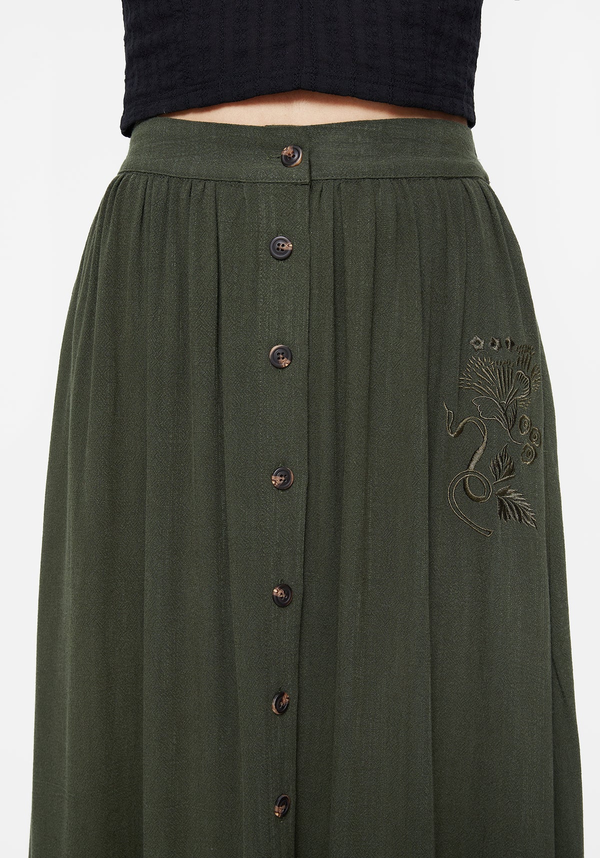 Foliate Linen-Blend Embroidered Button Up Midaxi Skirt - Green