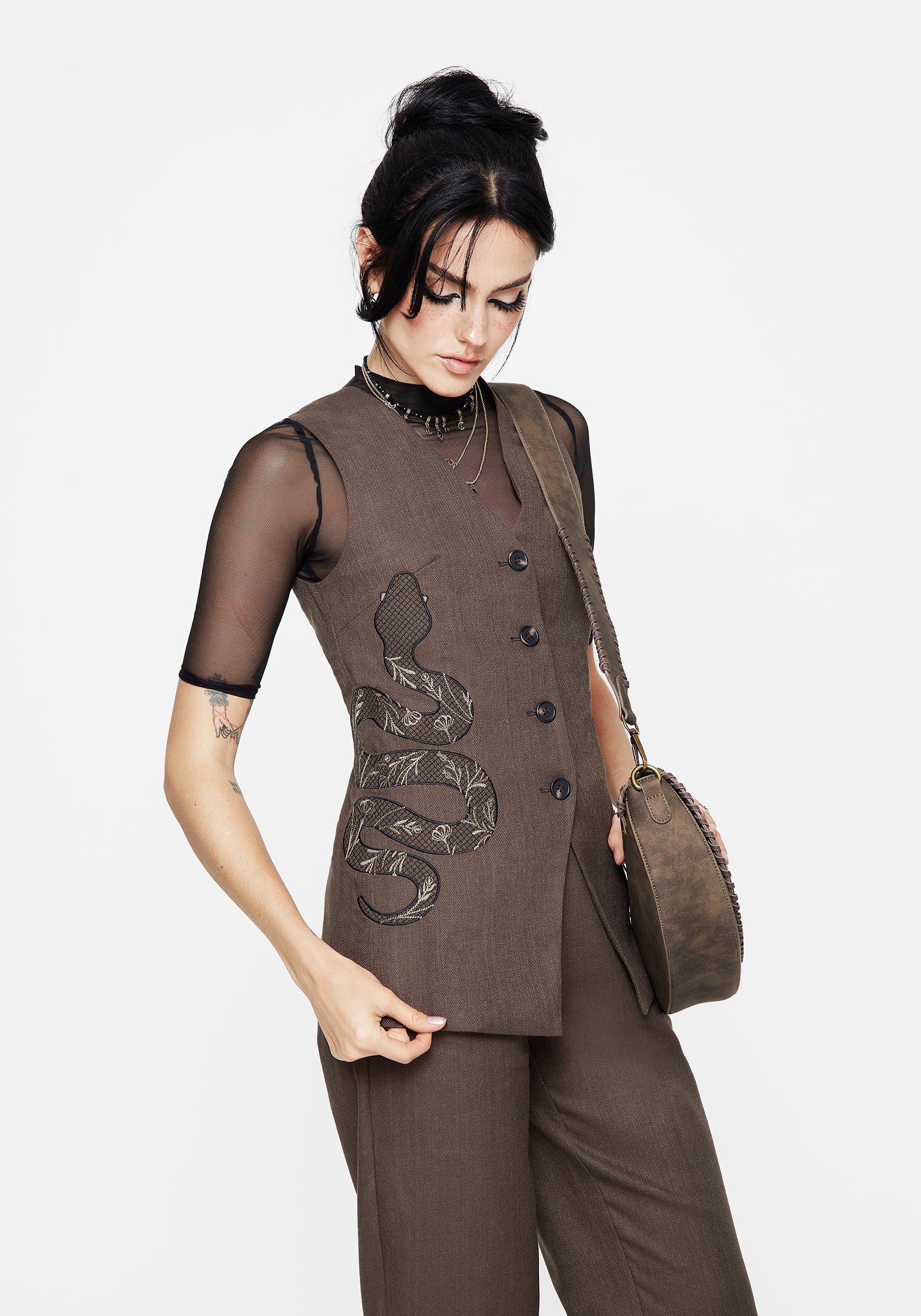 Gaia Linen Blend Snake Embroidered Longline Waistcoat | Disturbia