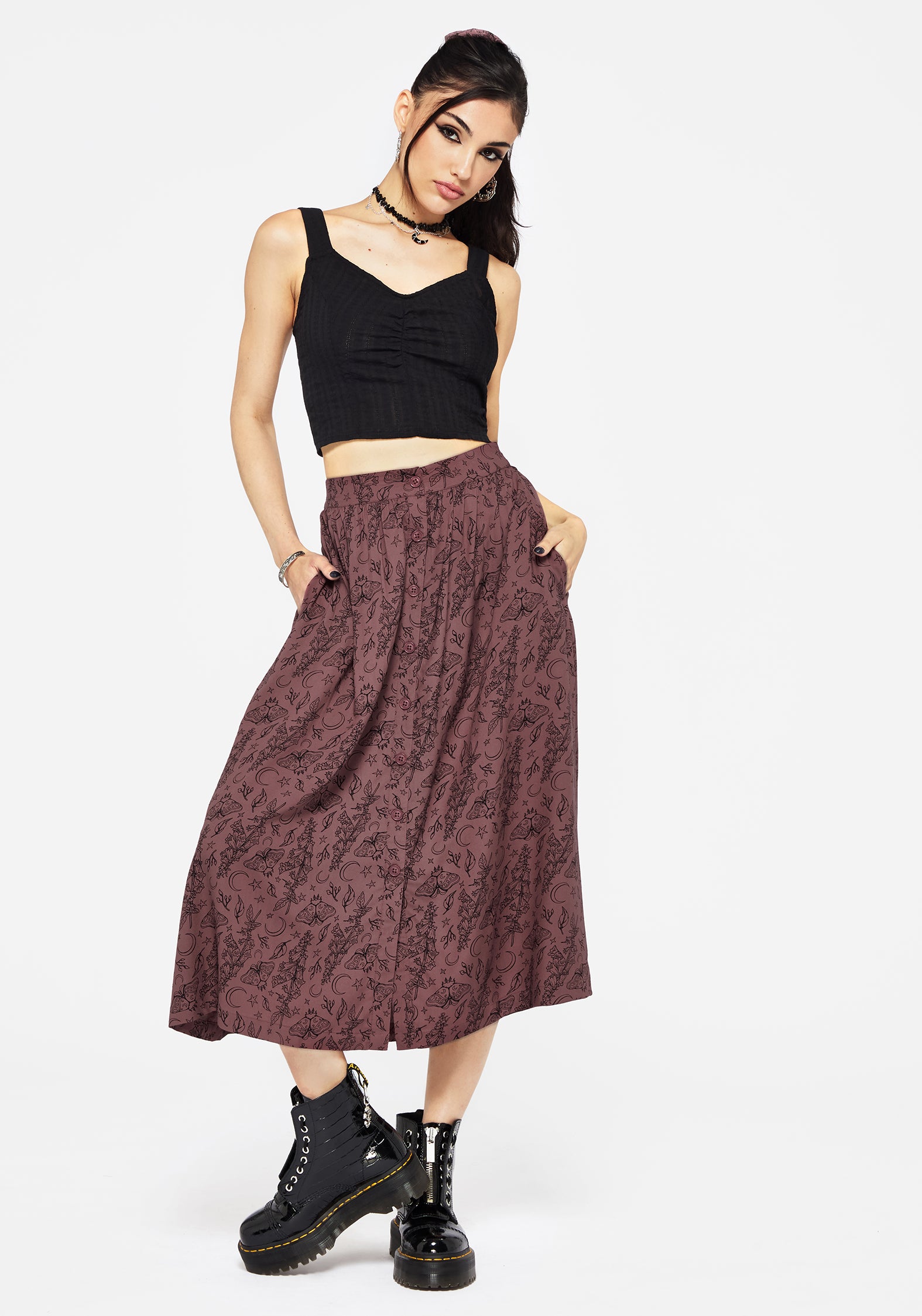 Roxana Moth Foxglove Button Down Midi Skirt | Disturbia - Shop