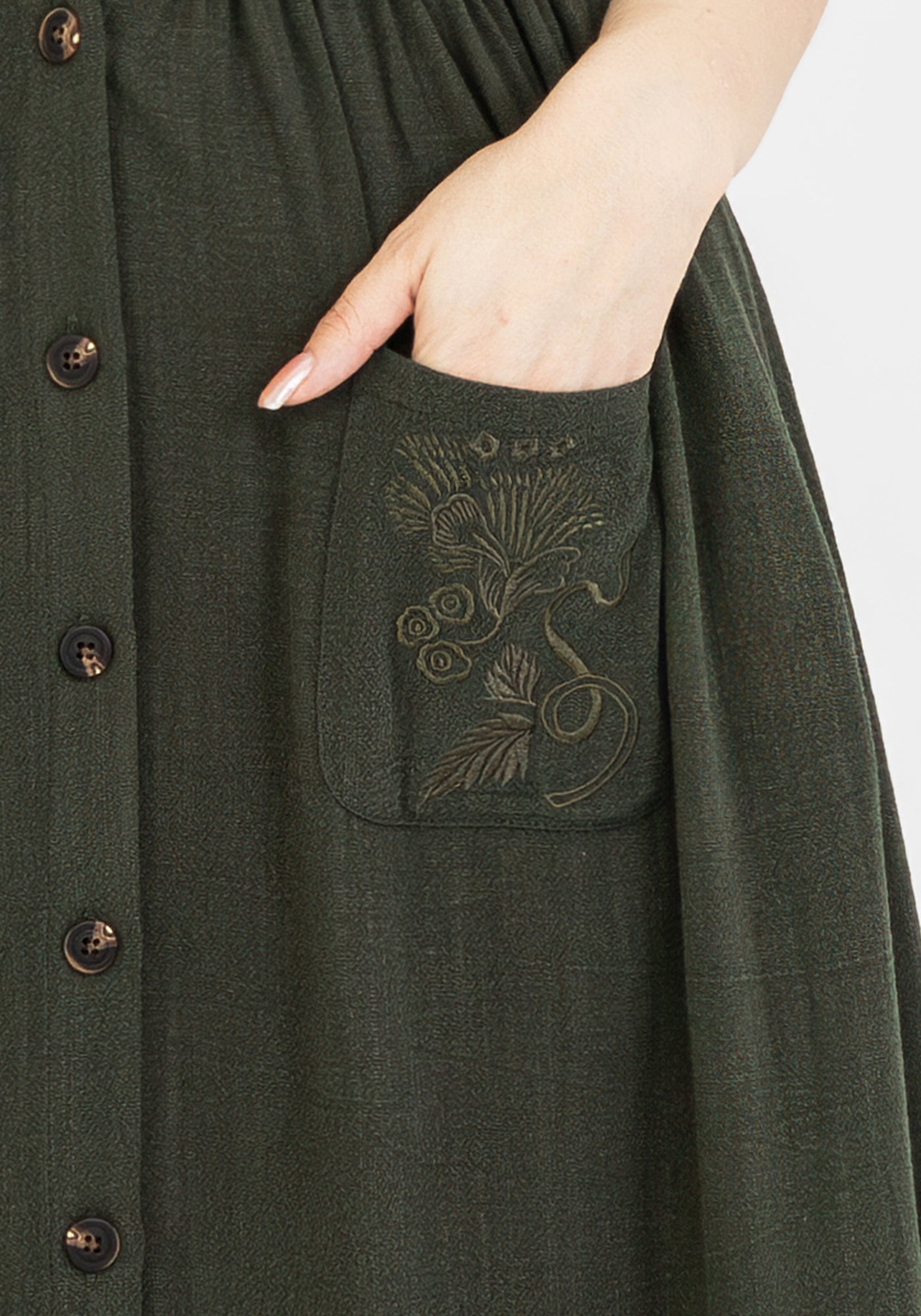 Foliate Linen-Blend Embroidered Button Up Midi Dress - Green | Disturbia - Shop Women's Gothic, Alternative & Dark Romantic Fashion, Accessories & Homeware Foliate Linen-Blend Embroidered Button Up Midi Dress - Green | Disturbia - Shop Women's Gothic, Alternative & Dark Romantic Fashion, Accessories & Homeware
